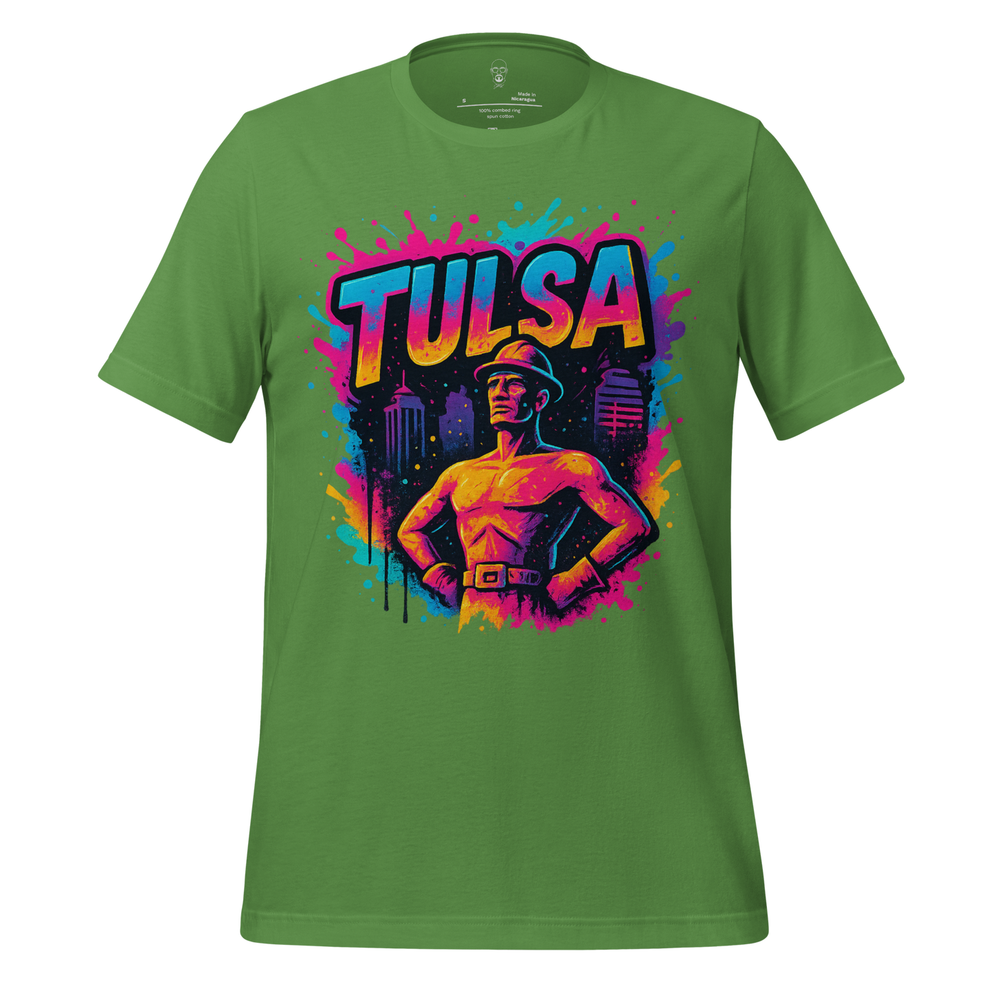 Green Tulsa Graphic T-Shirt by JMK Drip featuring colorful Tulsa cityscape and heroic figure design