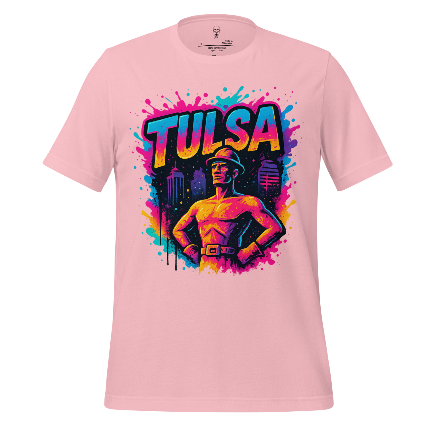Pink Tulsa Graphic T-Shirt by JMK Drip featuring colorful cityscape and statue design