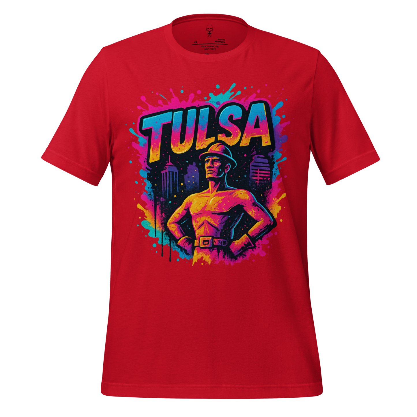 Red Tulsa Graphic T-Shirt with colorful Tulsa skyline and heroic figure design by JMK Drip