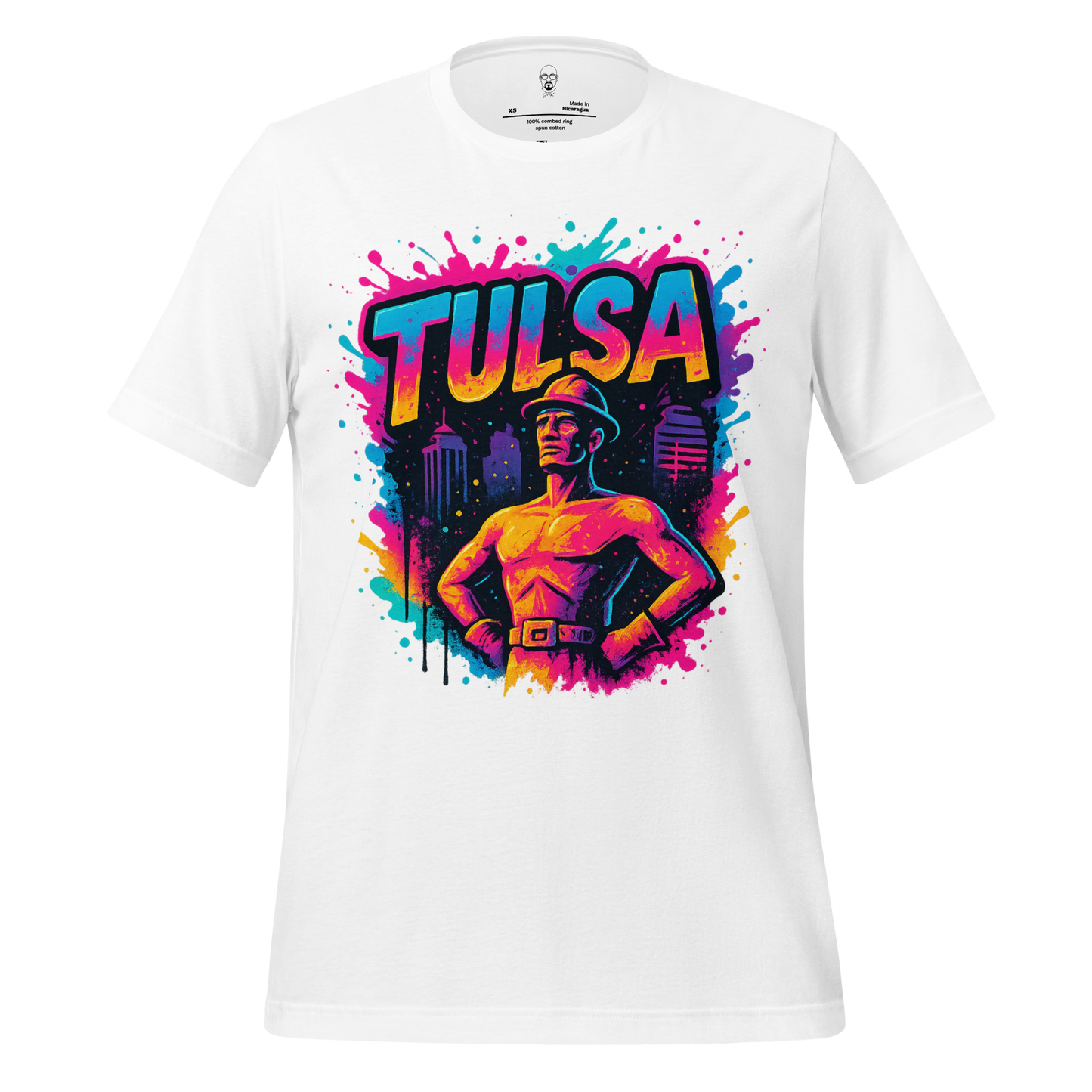 White Tulsa Graphic T-Shirt by JMK Drip featuring colorful vintage Tulsa statue and city skyline design