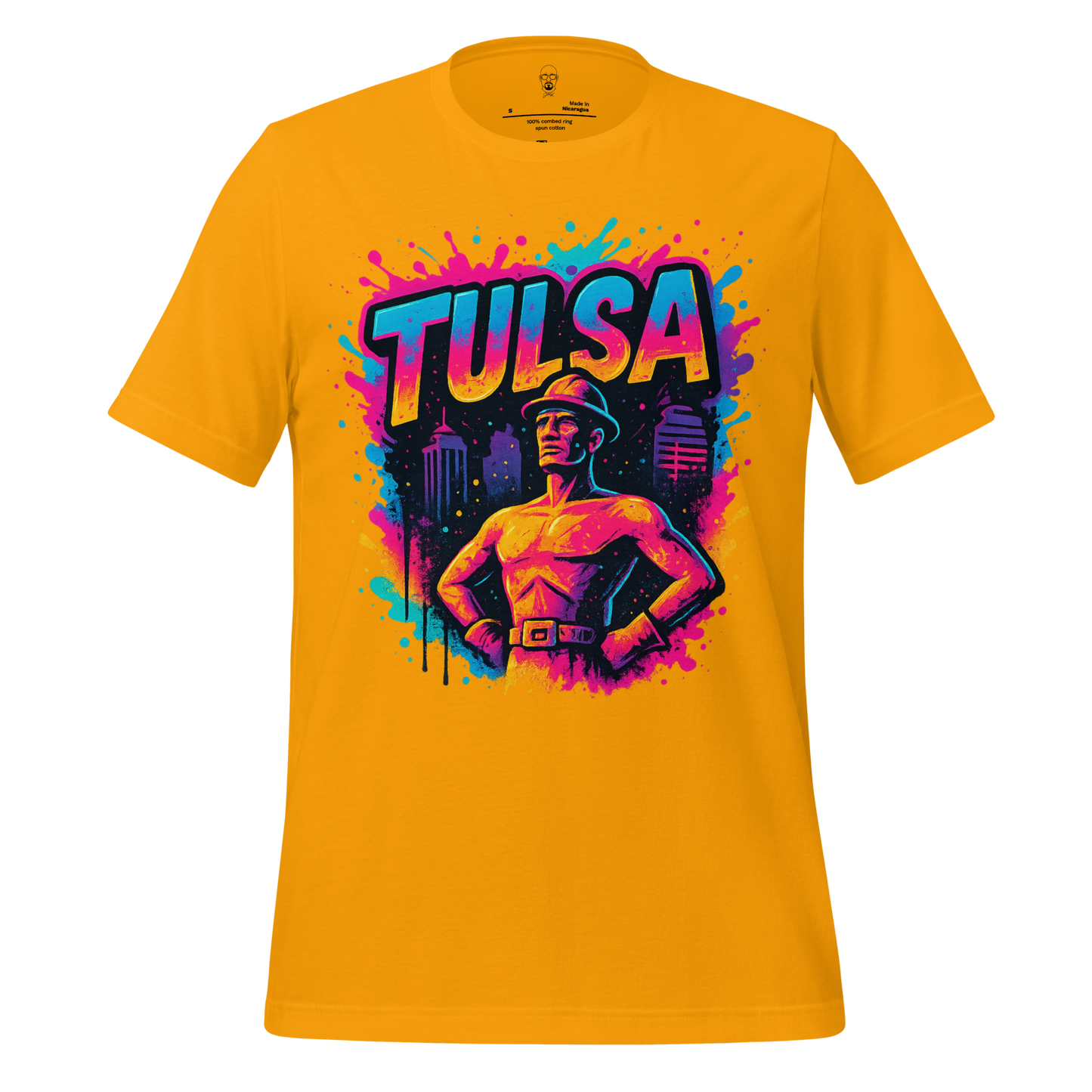JMK Drip Tulsa Graphic T-Shirt in yellow with colorful Tulsa cityscape and statue design