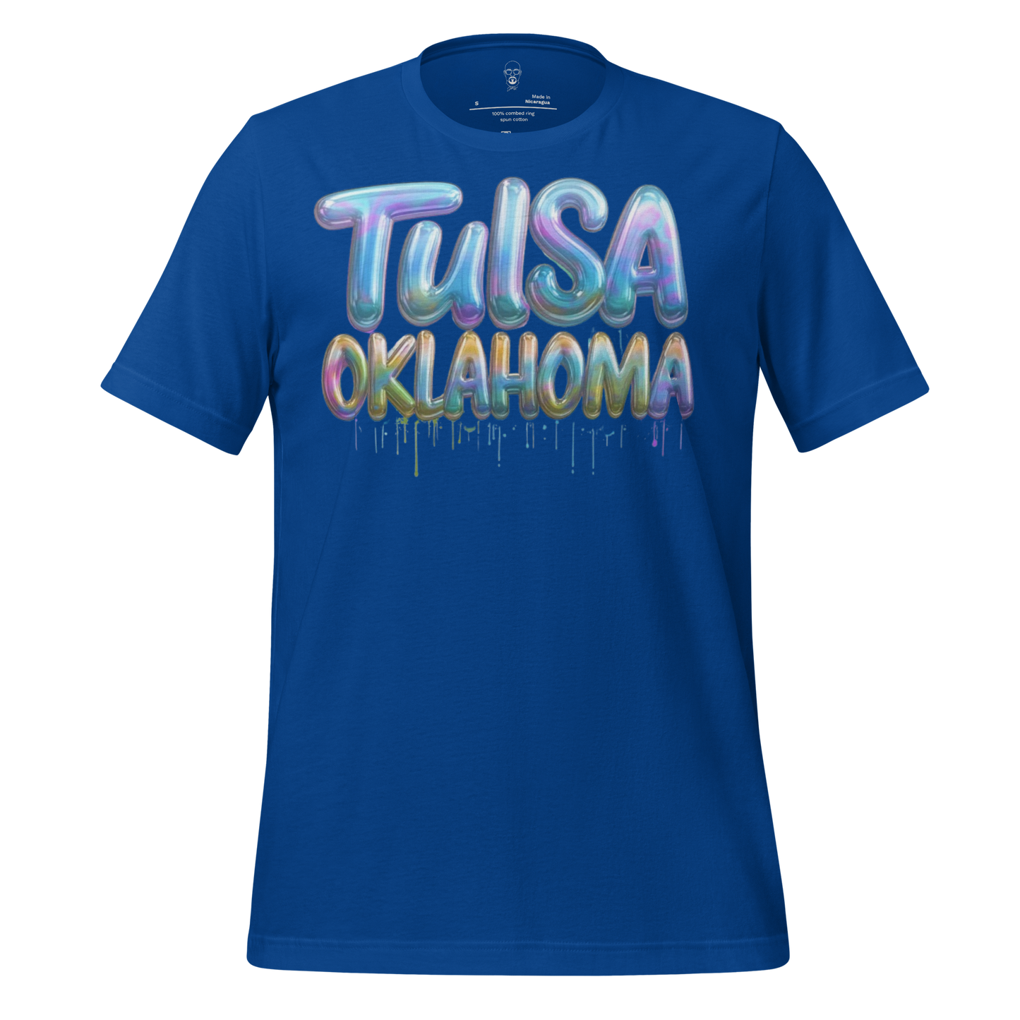 Blue Tulsa Oklahoma graphic tee with colorful balloon-style lettering design by JMK Drip