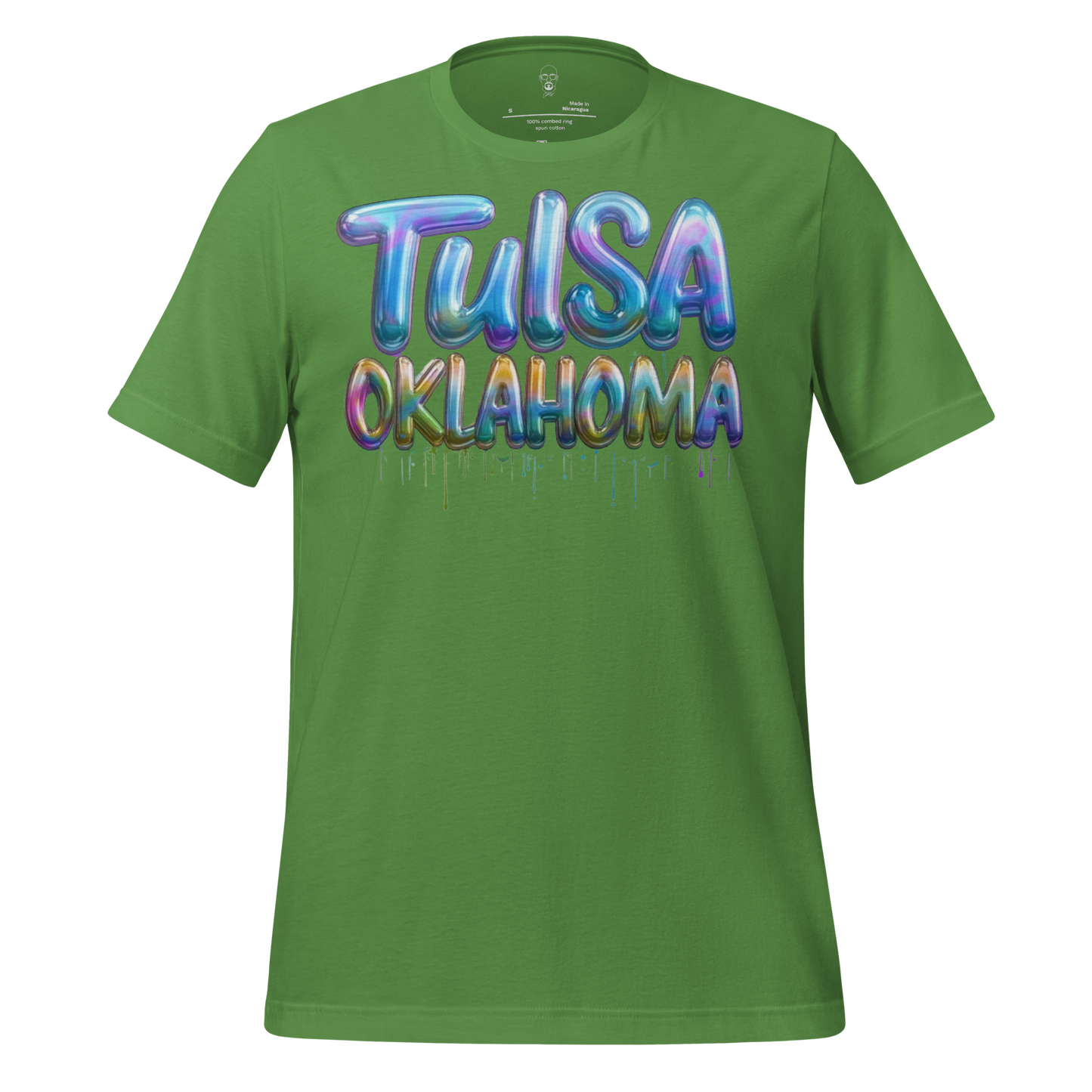 Green JMK Drip Tulsa Oklahoma graphic tee with colorful balloon style lettering design