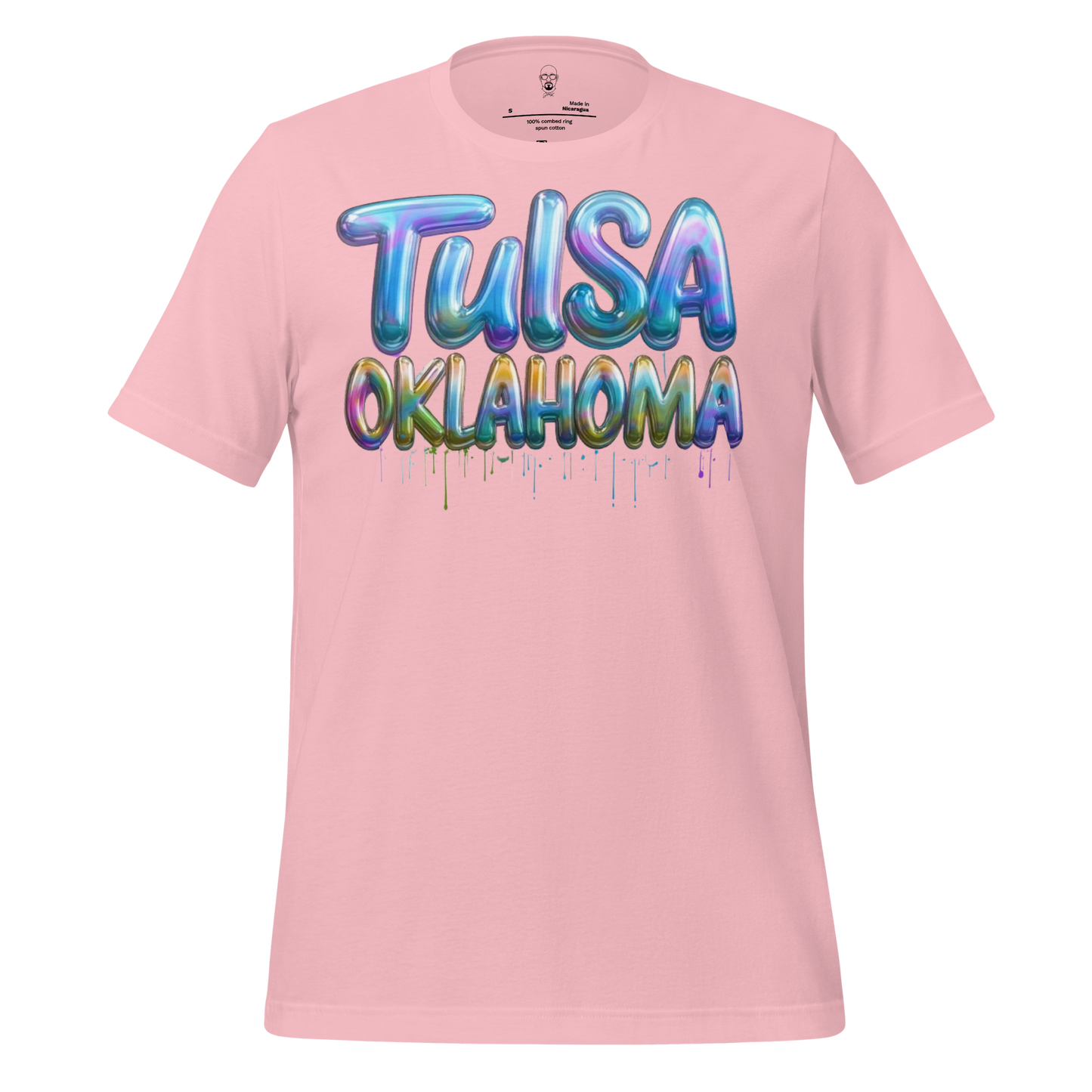 Pink Tulsa Oklahoma graphic tee with colorful balloon-style lettering and paint drip design
