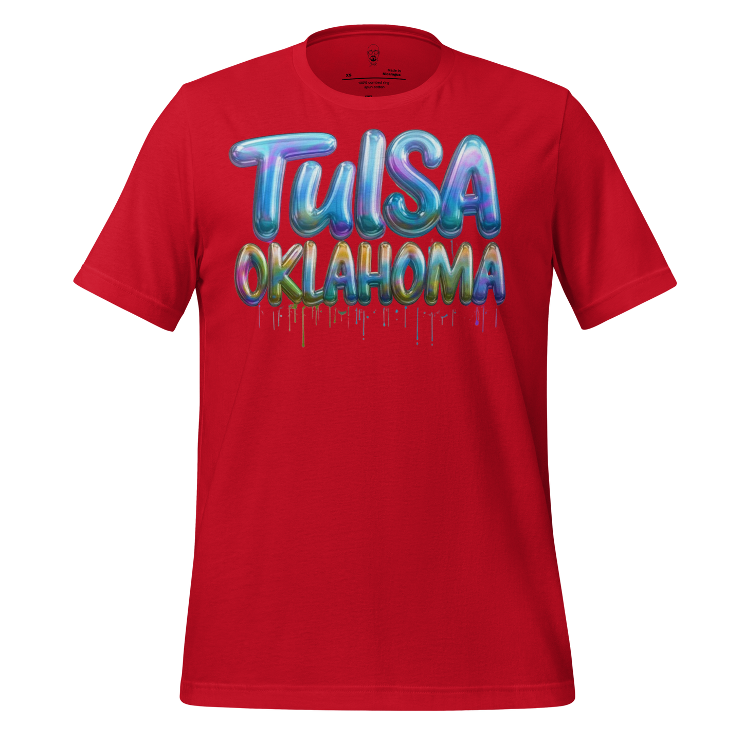 Red Tulsa Oklahoma graphic tee with colorful dripping graffiti style text design by JMK Drip
