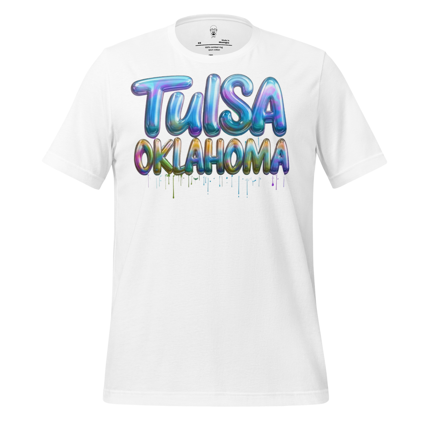 White Tulsa Oklahoma graphic tee with colorful balloon-style text and dripping paint design