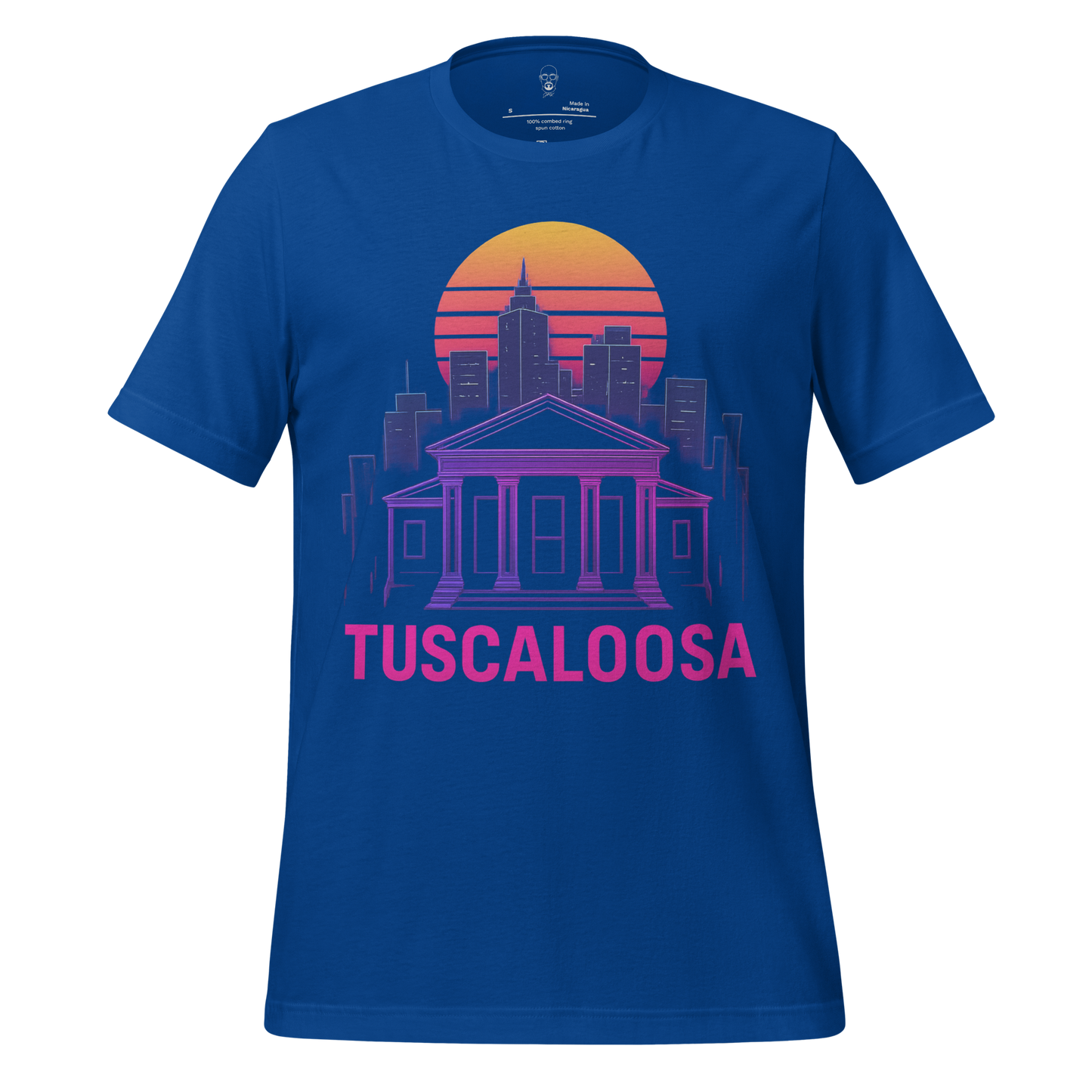 Blue Tuscaloosa Graphic T-Shirt by JMK Drip featuring city skyline and sunset design