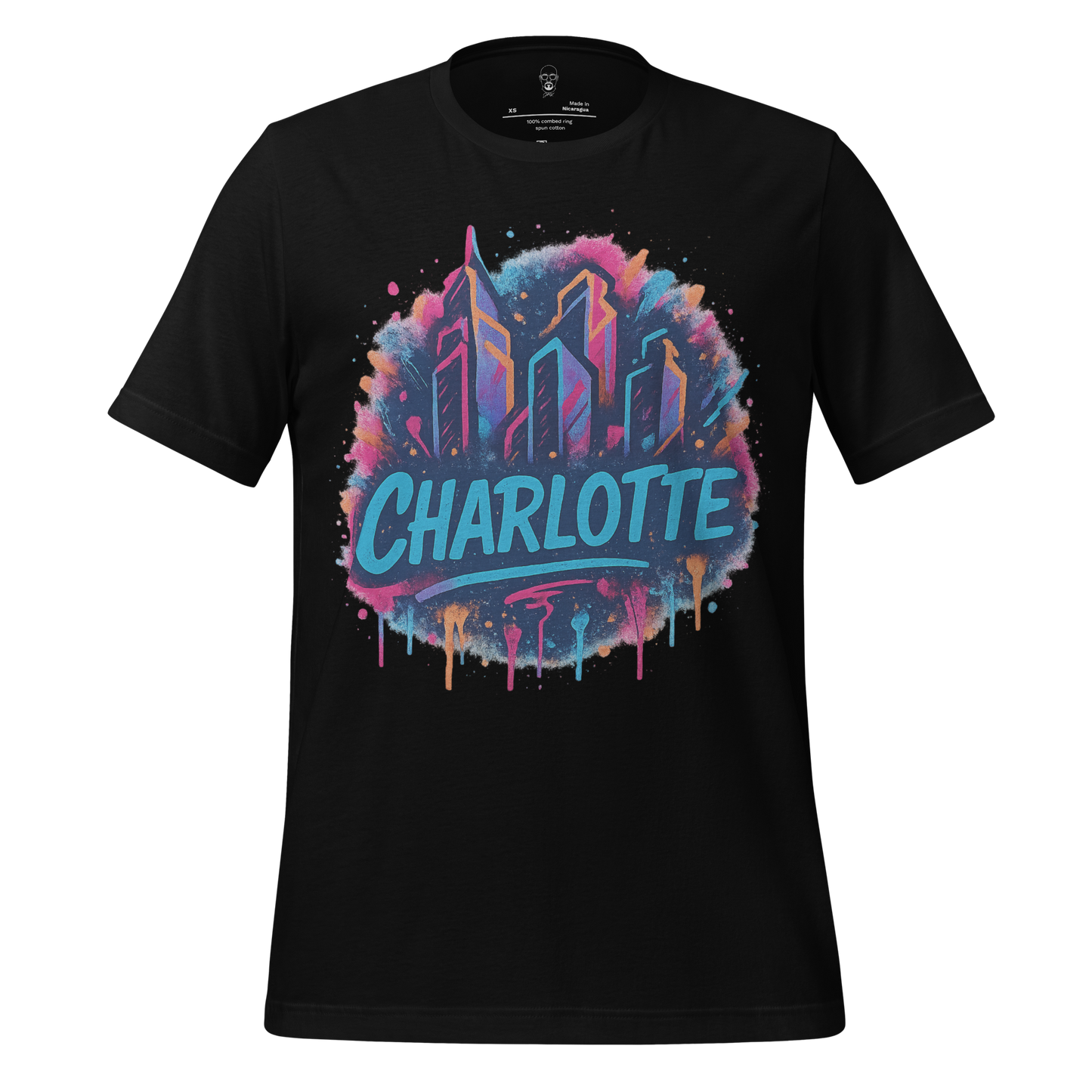 Black Charlotte graphic t-shirt with colorful city skyline and artistic paint splatter design