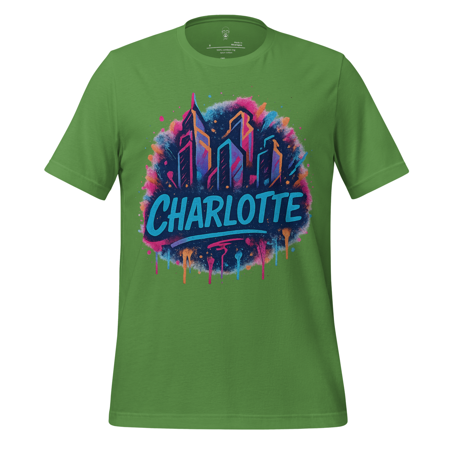 Green Charlotte graphic t-shirt by JMK Drip with colorful city skyline design