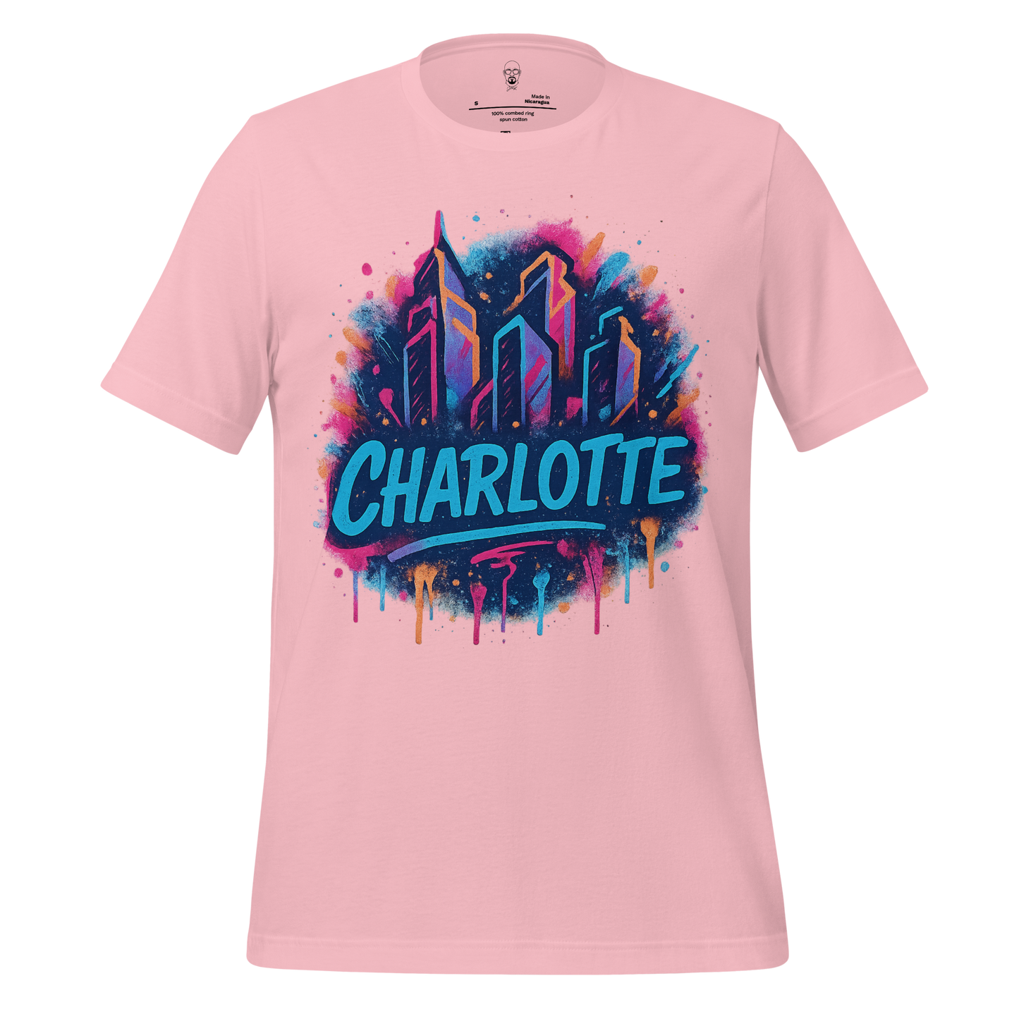 JMK Drip pink Charlotte graphic t-shirt featuring colorful city skyline and bold text design