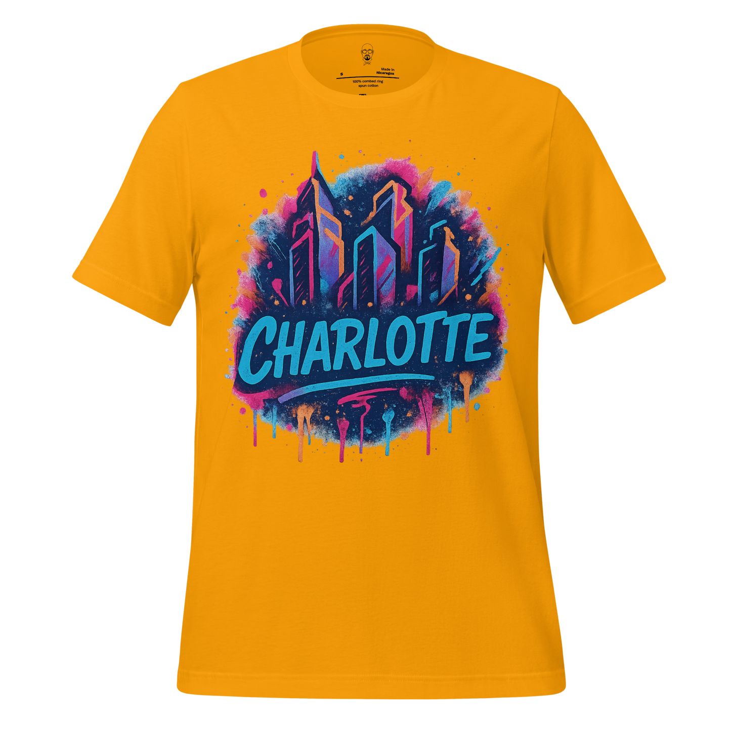 JMK Drip Charlotte graphic t-shirt in yellow with colorful city skyline design and bold blue lettering
