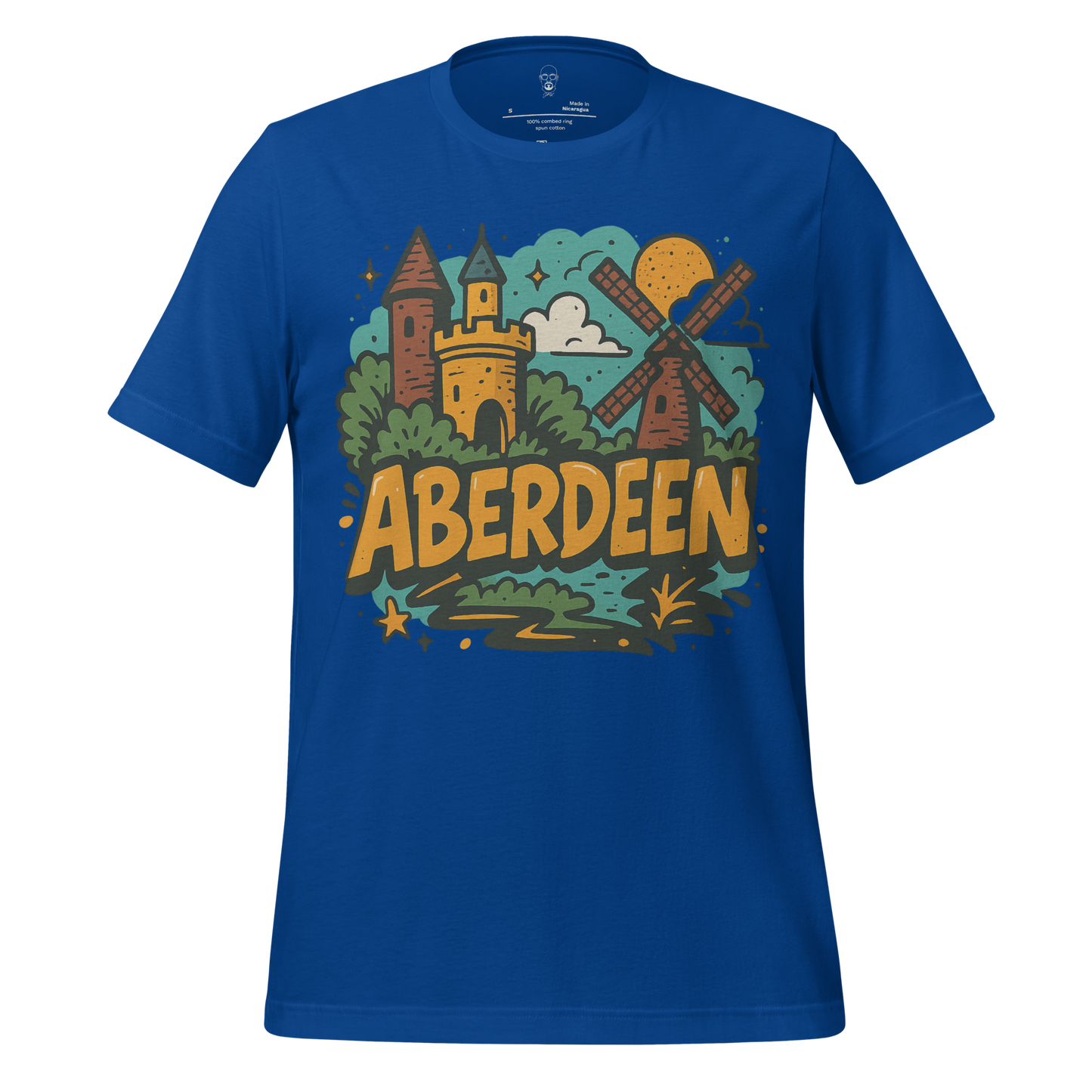 Blue Aberdeen graphic t-shirt featuring a colorful illustration of a castle, windmill, and landscape