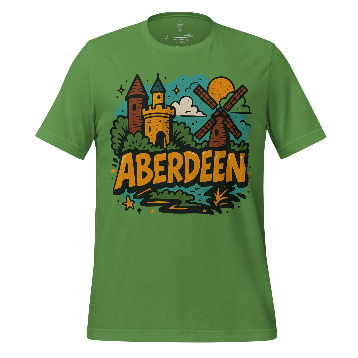 Green Aberdeen graphic t-shirt by JMK Drip featuring colorful castle and windmill illustration