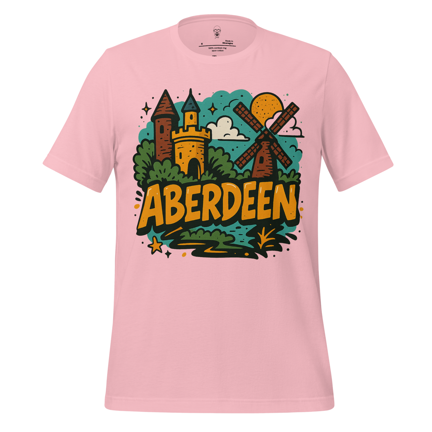 Pink JMK Drip Aberdeen graphic t-shirt featuring colorful castle and windmill design