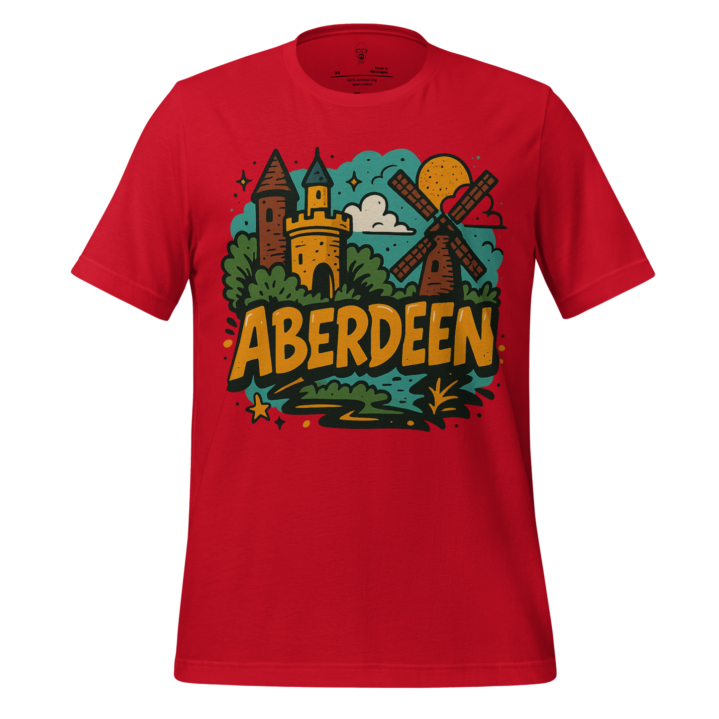 Red Aberdeen graphic t-shirt featuring a colorful castle and windmill design on the front