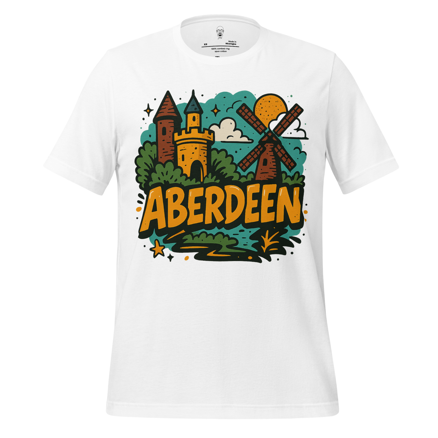 White JMK Drip Aberdeen graphic t-shirt with castle and windmill illustration