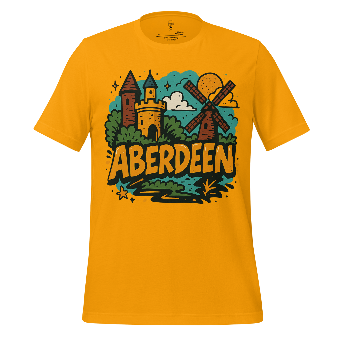 JMK Drip yellow Aberdeen graphic t-shirt with castle and windmill illustration