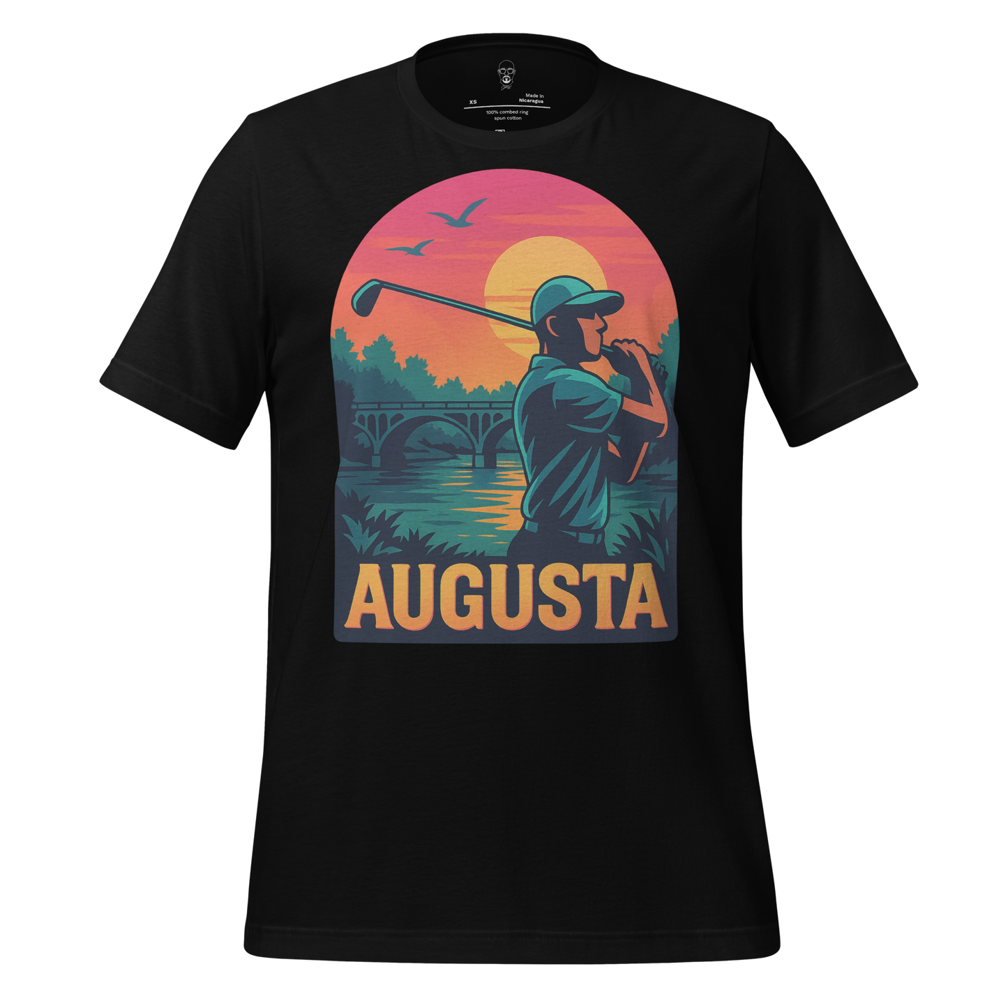 JMK Drip Augusta Graphic T-Shirt black with colorful golfer and sunset print design