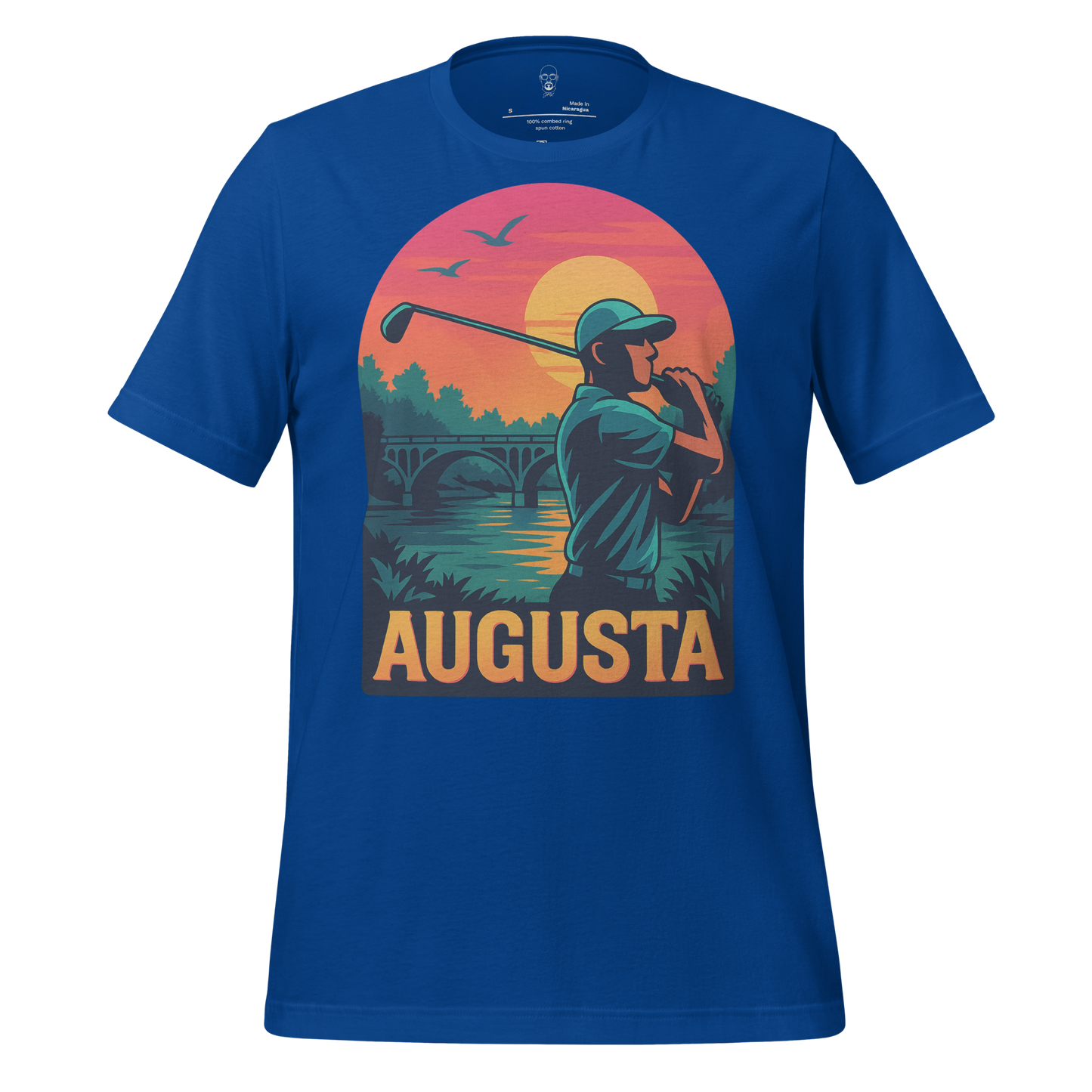 JMK Drip Augusta Graphic T-Shirt in blue featuring golfer illustration with sunset and bridge background