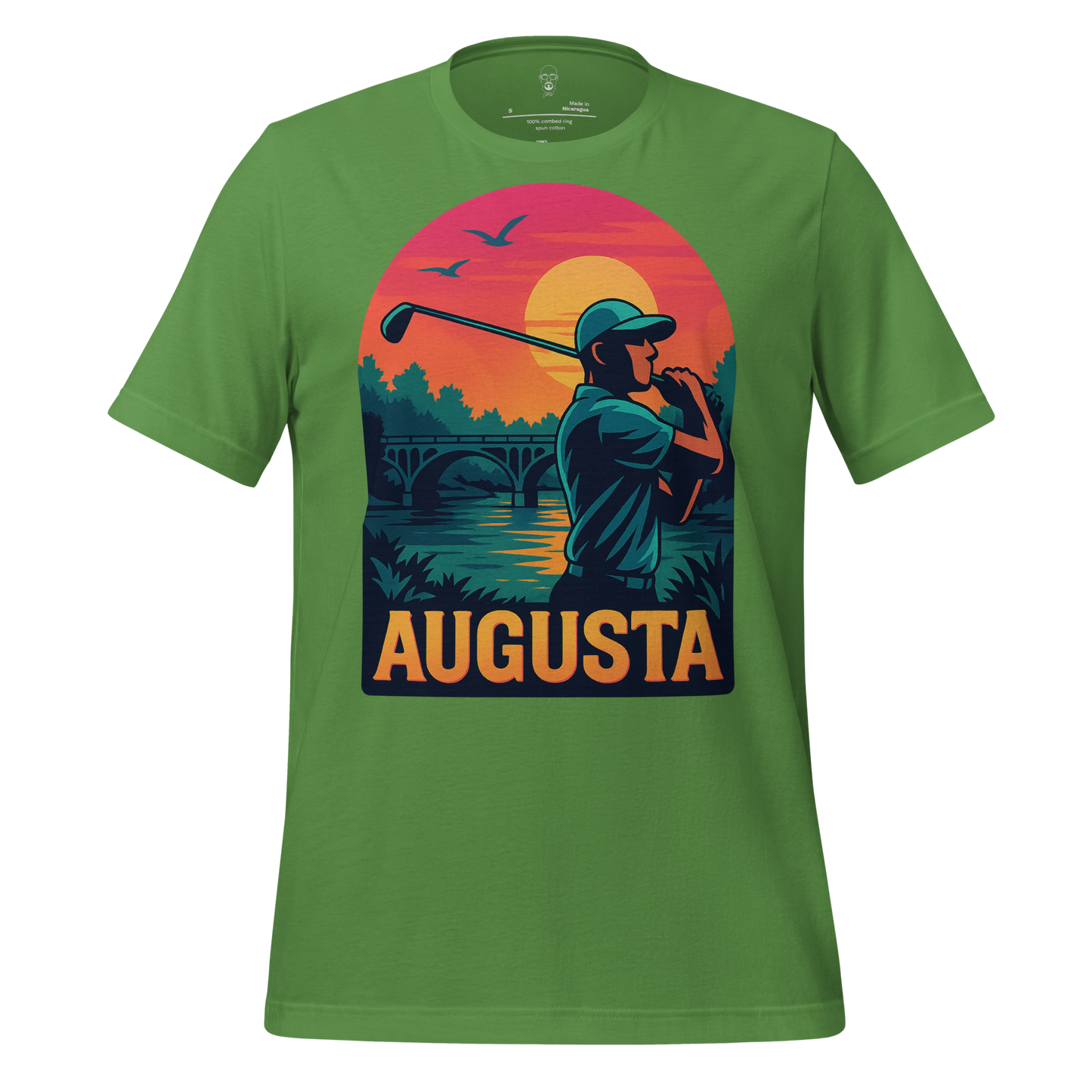 Green Augusta Graphic T-Shirt by JMK Drip featuring a golfer at sunset with birds and a bridge