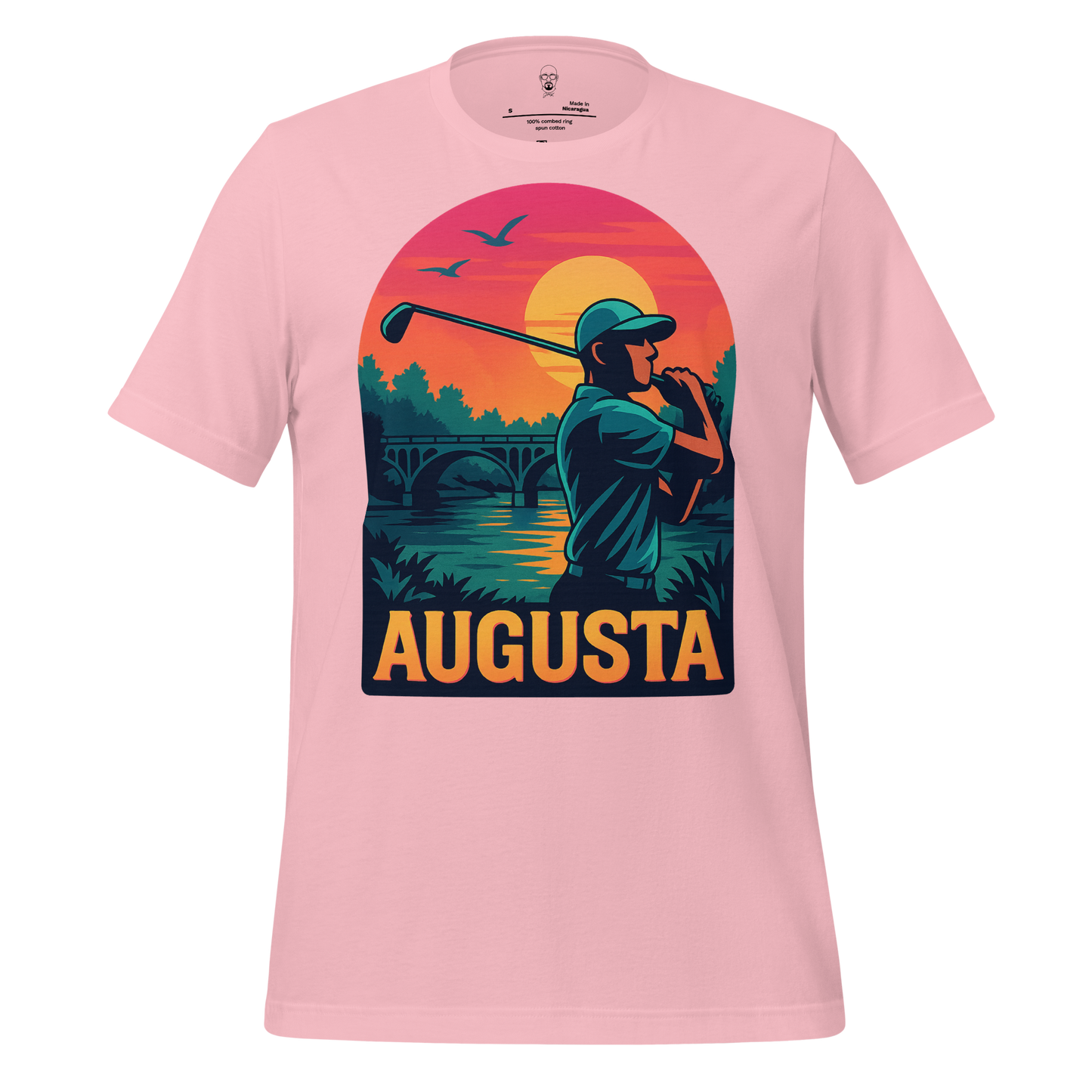 JMK Drip pink Augusta Graphic T-Shirt featuring a golfer swinging at sunset with Augusta text