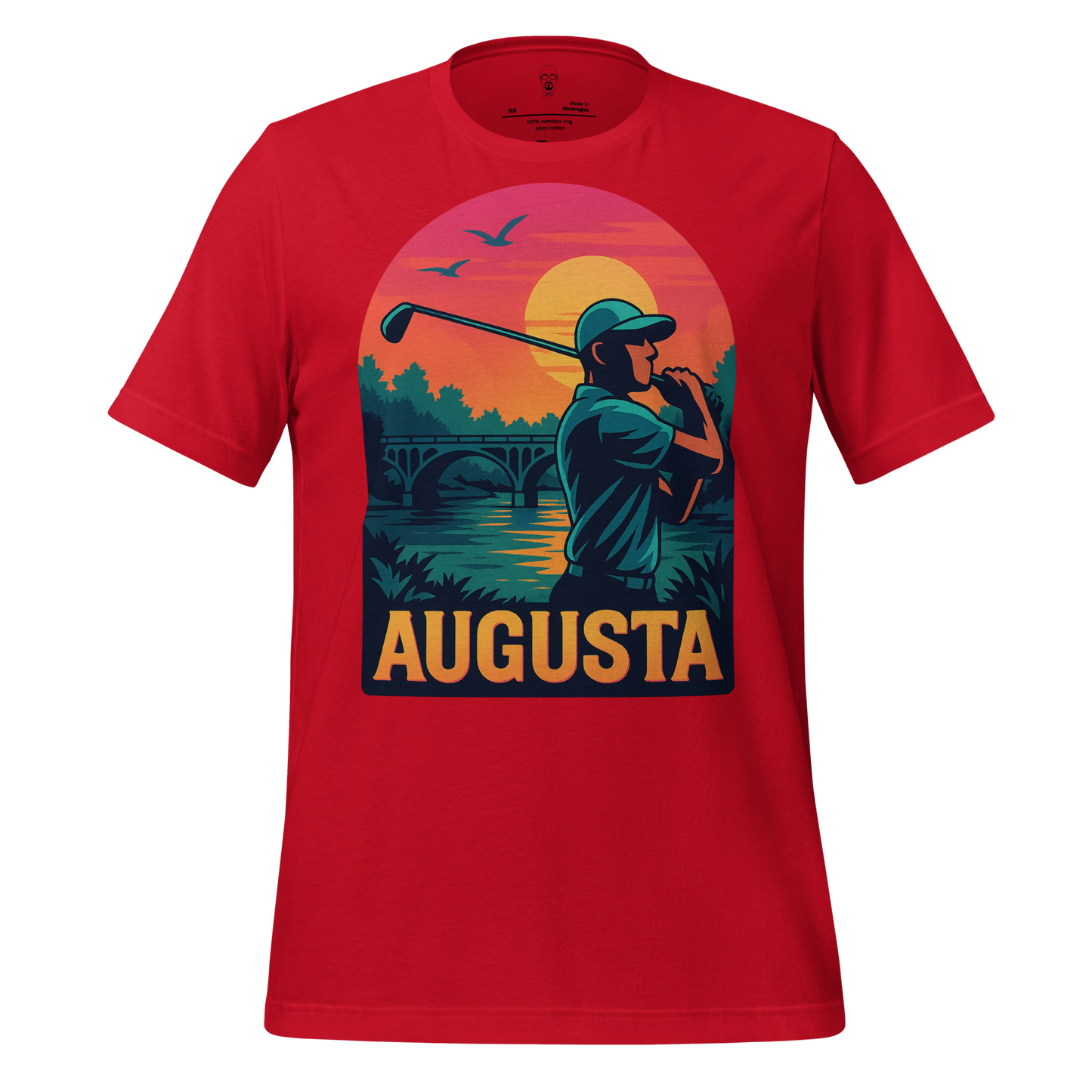 Red Augusta Graphic T-Shirt featuring a golfer swinging at sunset with bridge and birds design