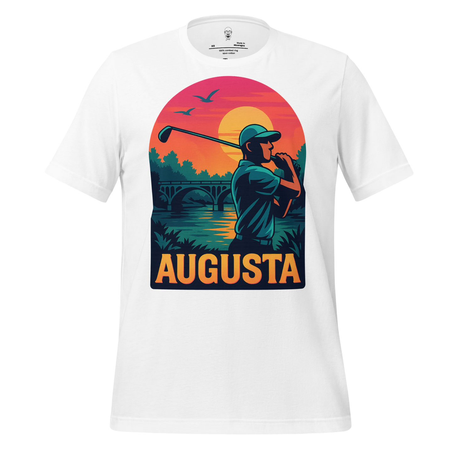 JMK Drip Augusta Graphic T-Shirt featuring a golfer swinging at sunset with birds and bridge