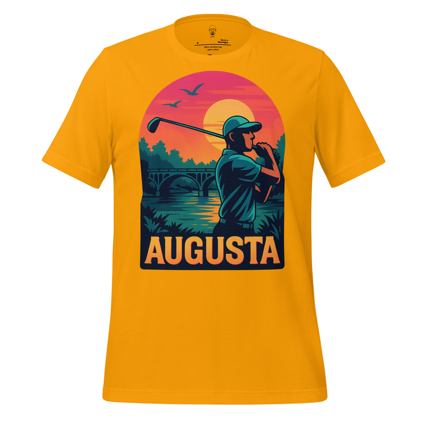 JMK Drip Augusta Graphic T-Shirt in yellow featuring a golfer silhouette with sunset and bridge background