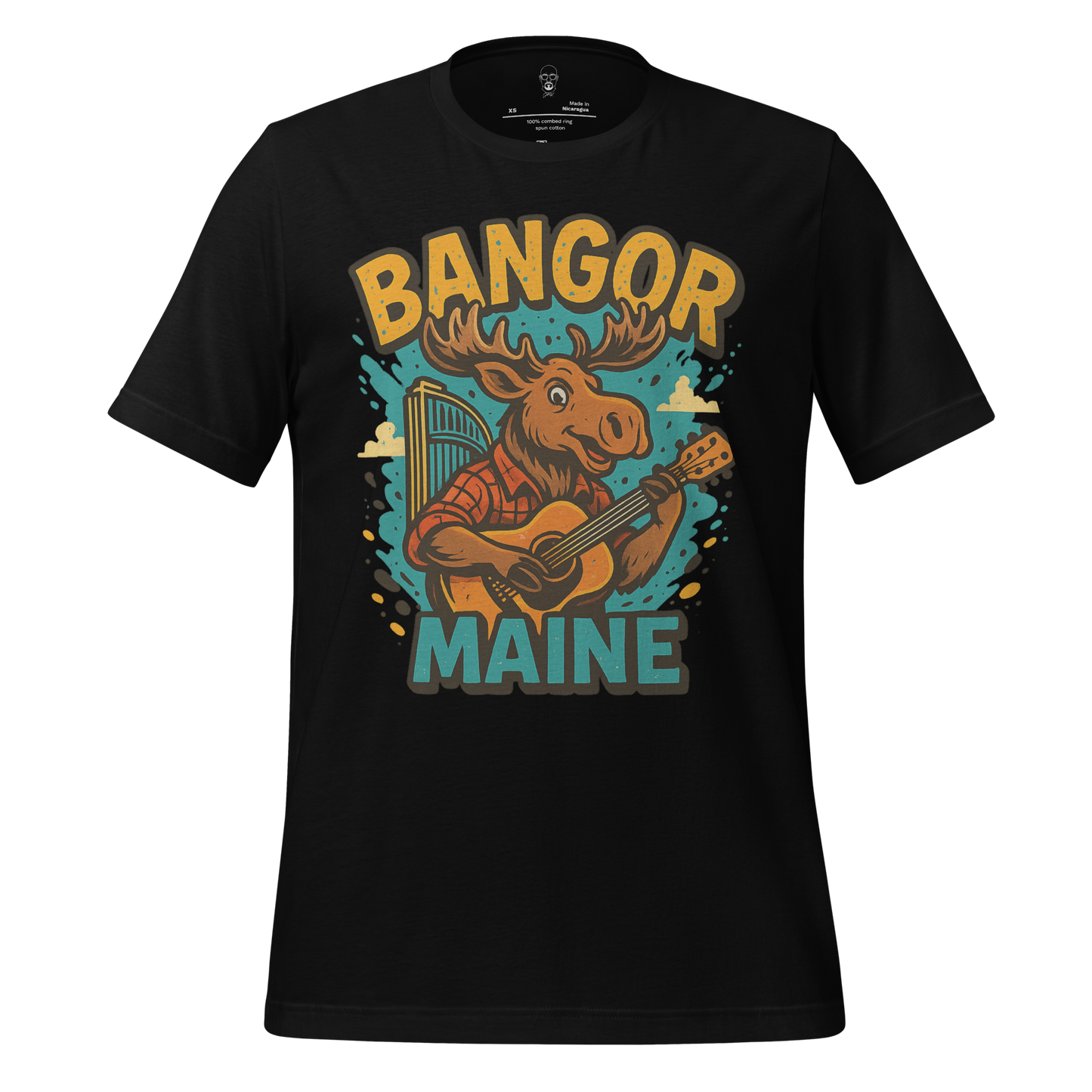 Black Bangor Maine t-shirt featuring a moose playing guitar with colorful graphic design