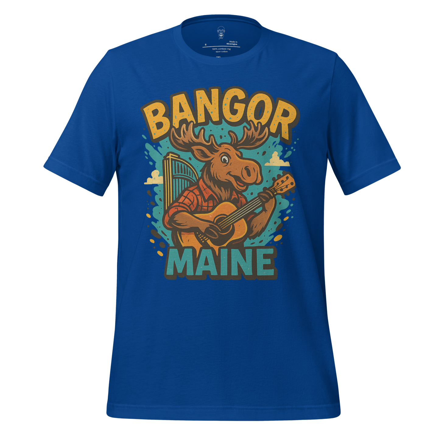 Blue Bangor Maine t-shirt featuring a cartoon moose playing guitar with Bangor text