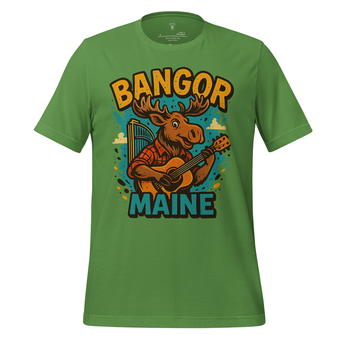 Green Bangor Maine t-shirt featuring a cartoon moose playing guitar with bold text design