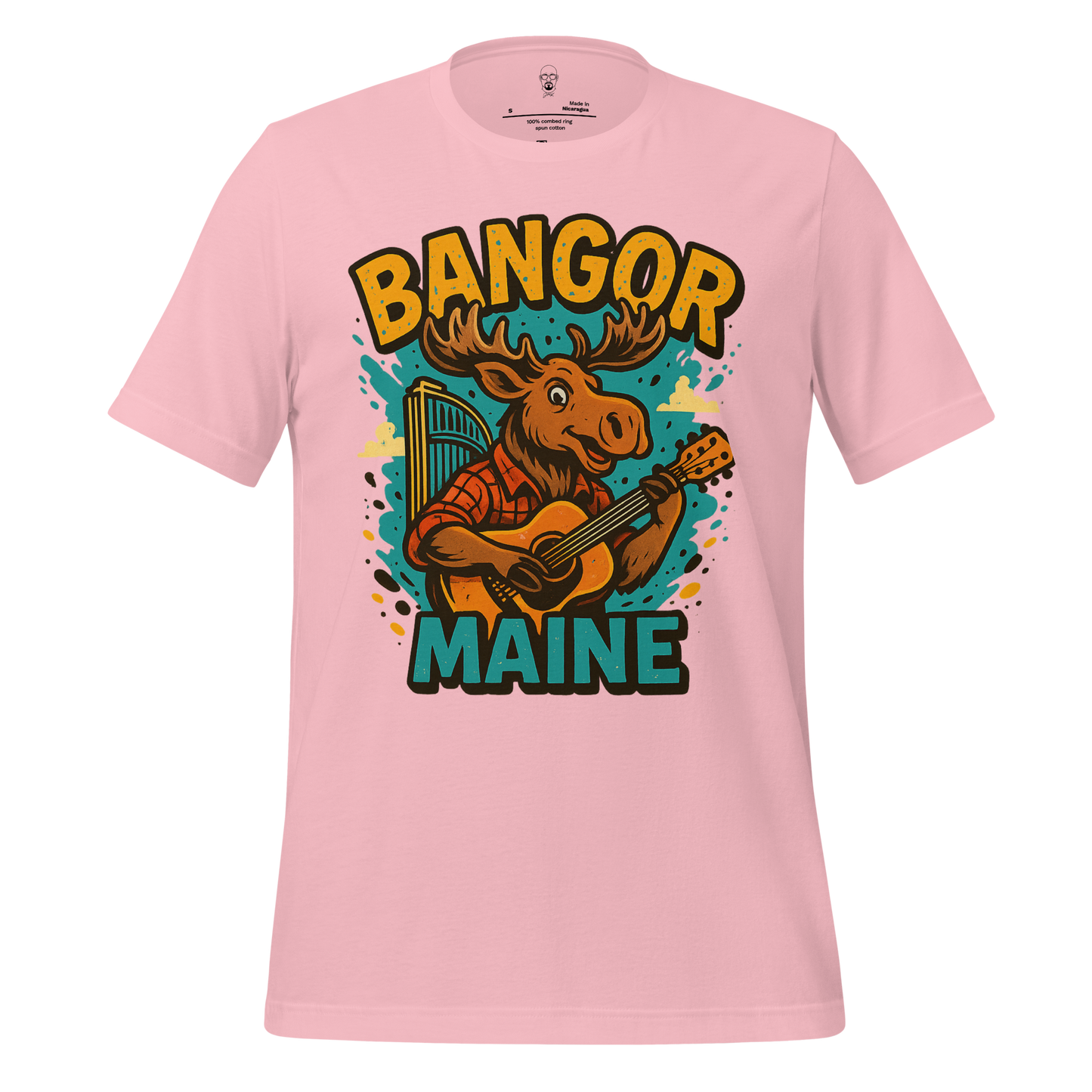 Pink Bangor Maine t-shirt featuring a cartoon moose playing guitar with colorful graphic design