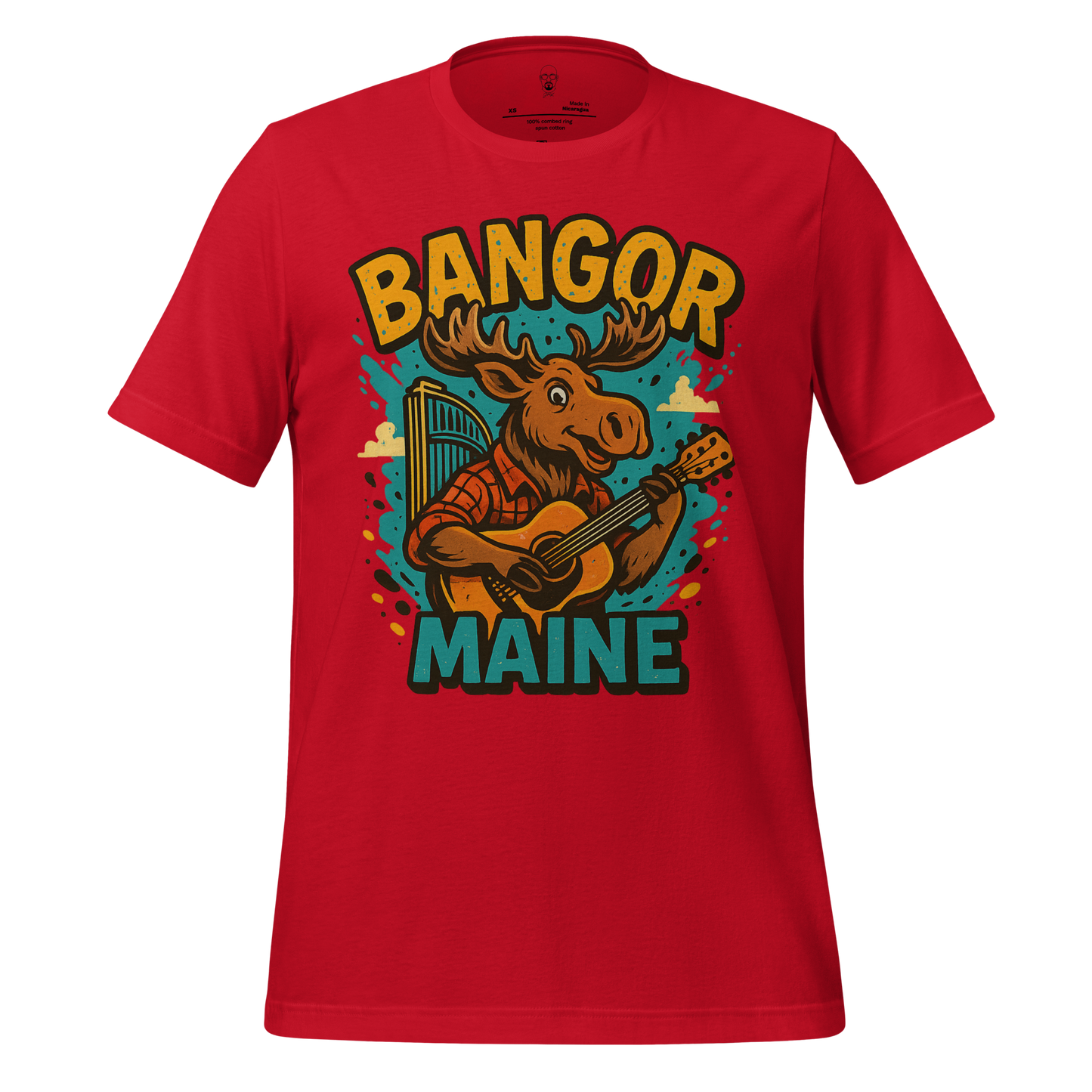 Red Bangor Maine t-shirt featuring a moose playing guitar graphic design