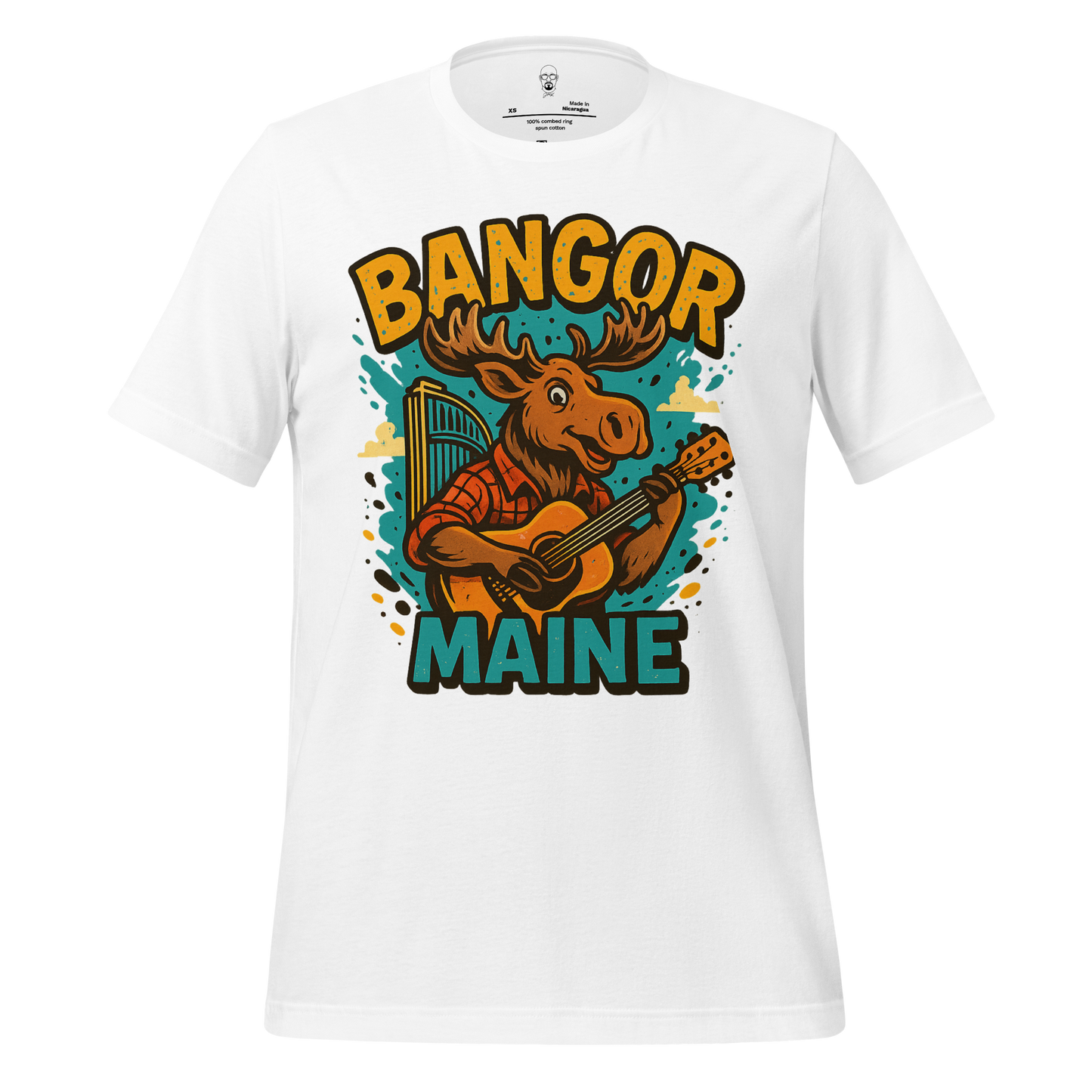 White Bangor Maine t-shirt featuring a moose playing guitar graphic by JMK Drip