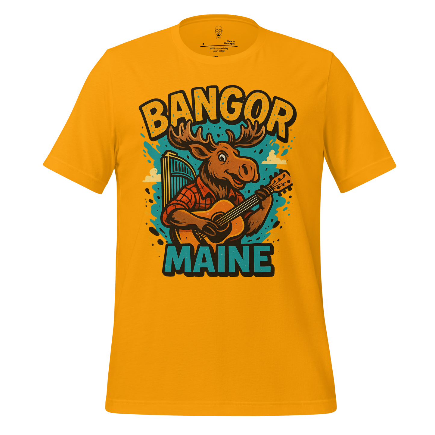Yellow Bangor Maine t-shirt with a cartoon moose playing guitar graphic design