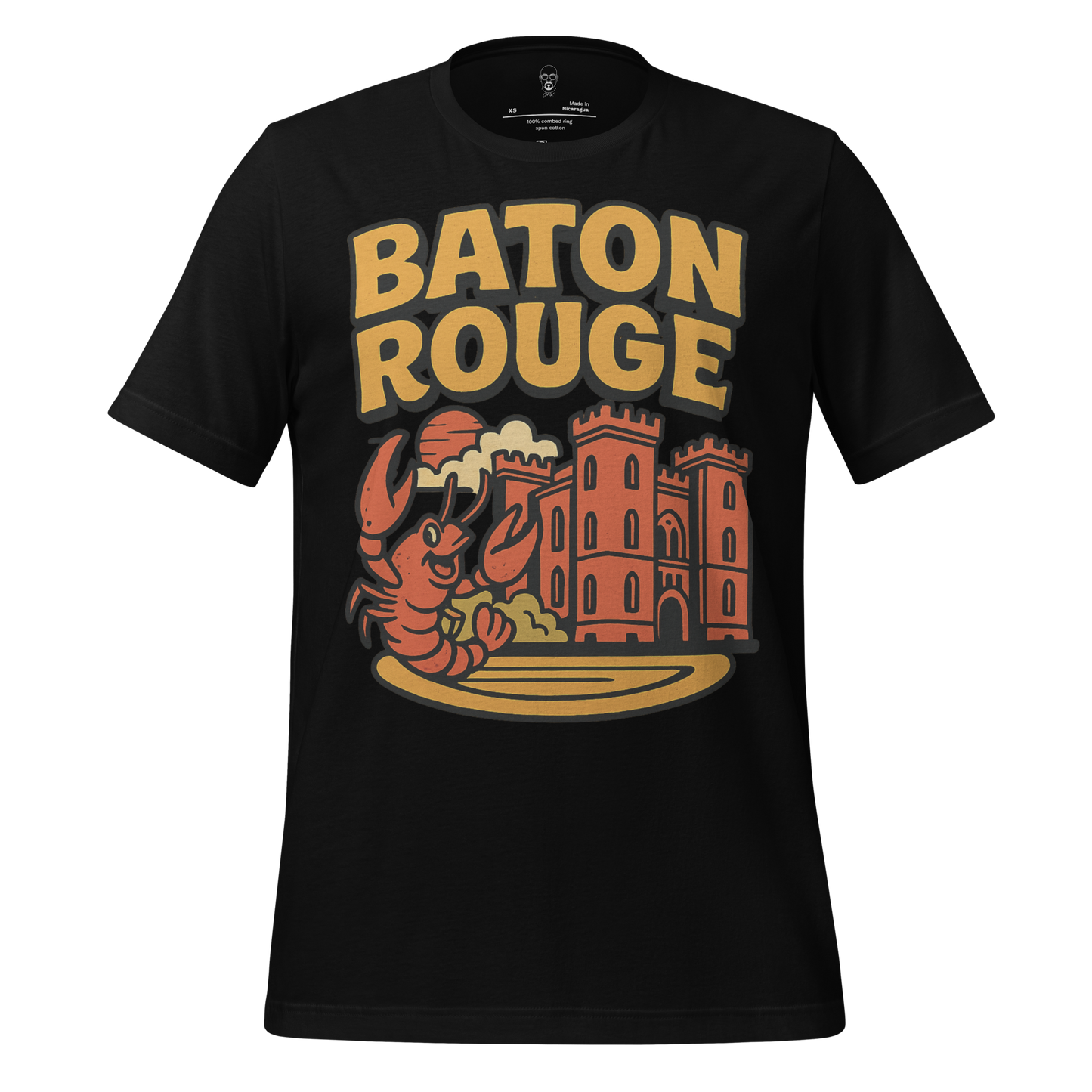 Black Baton Rouge graphic tee with retro style orange crawfish and castle design by JMK Drip
