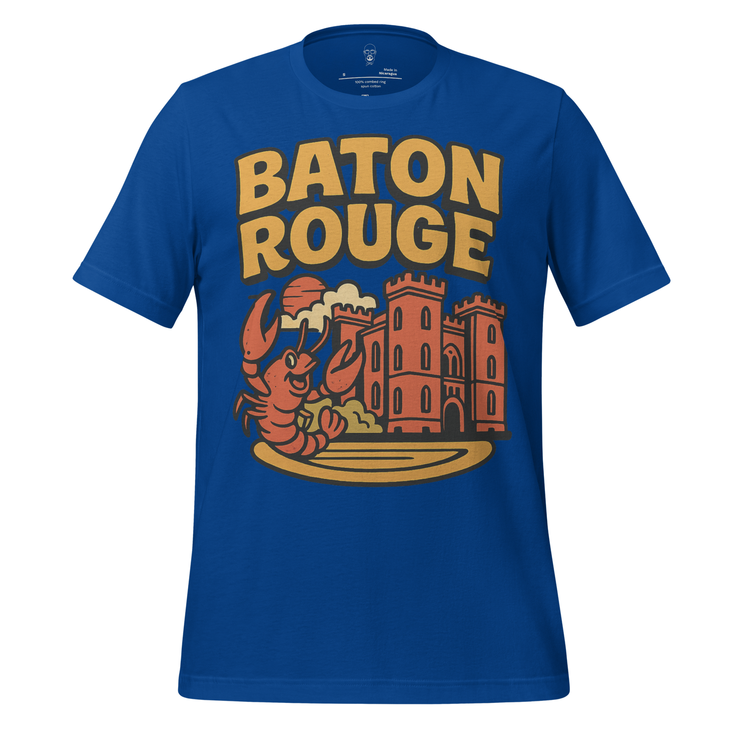 JMK Drip Baton Rouge graphic tee in blue featuring a cartoon crawfish and castle design