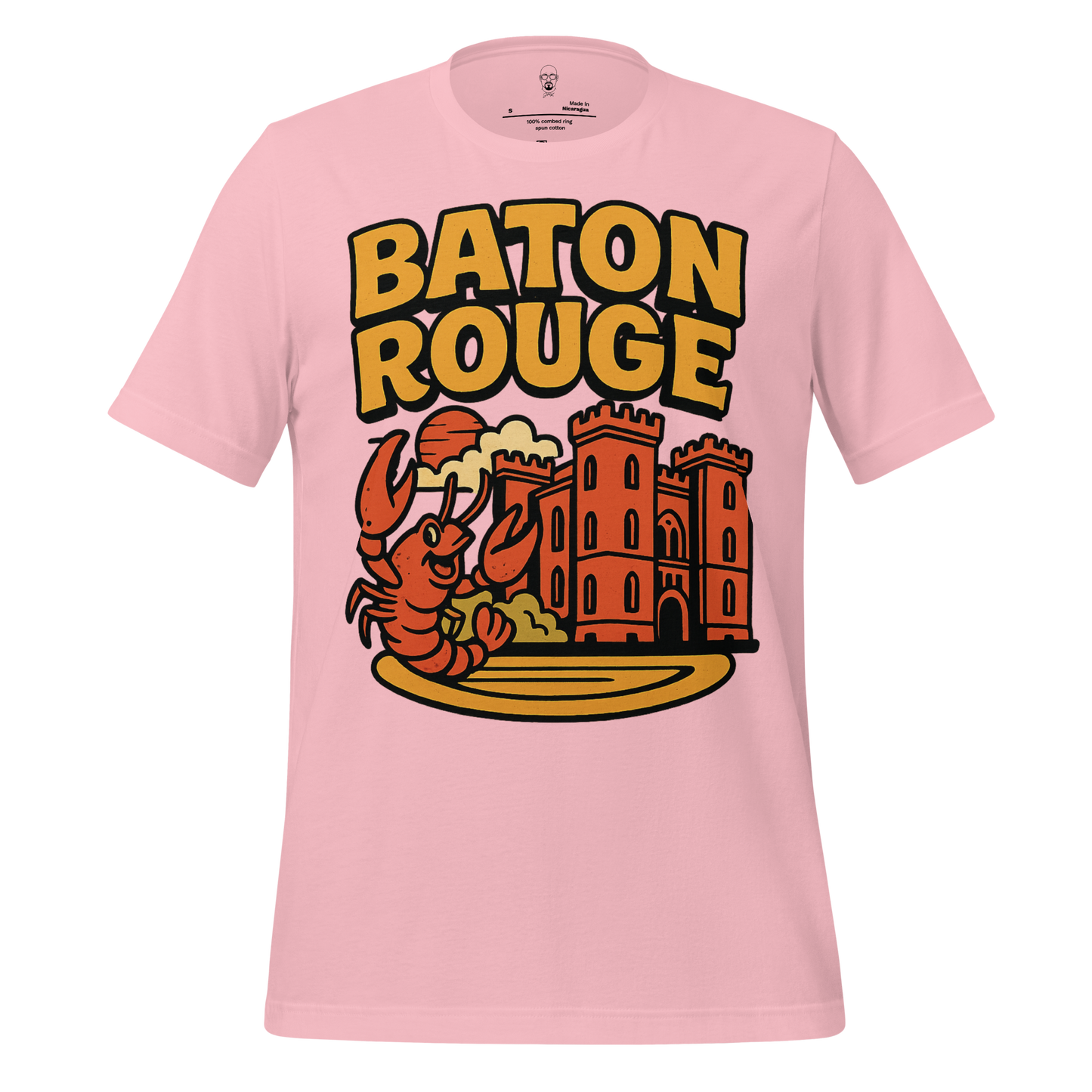 JMK Drip pink Baton Rouge graphic tee with cartoon crawfish and castle design