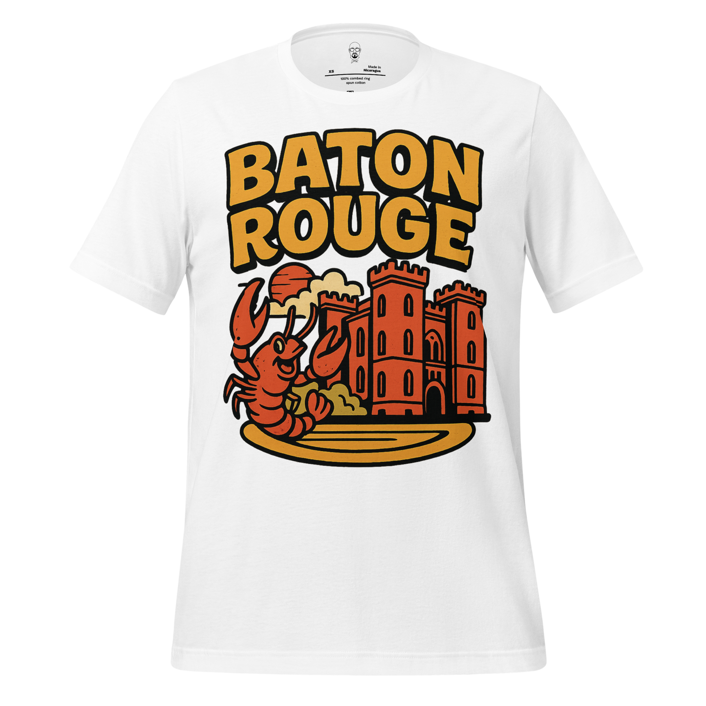 JMK Drip white Baton Rouge graphic tee with cartoon crawfish and castle design