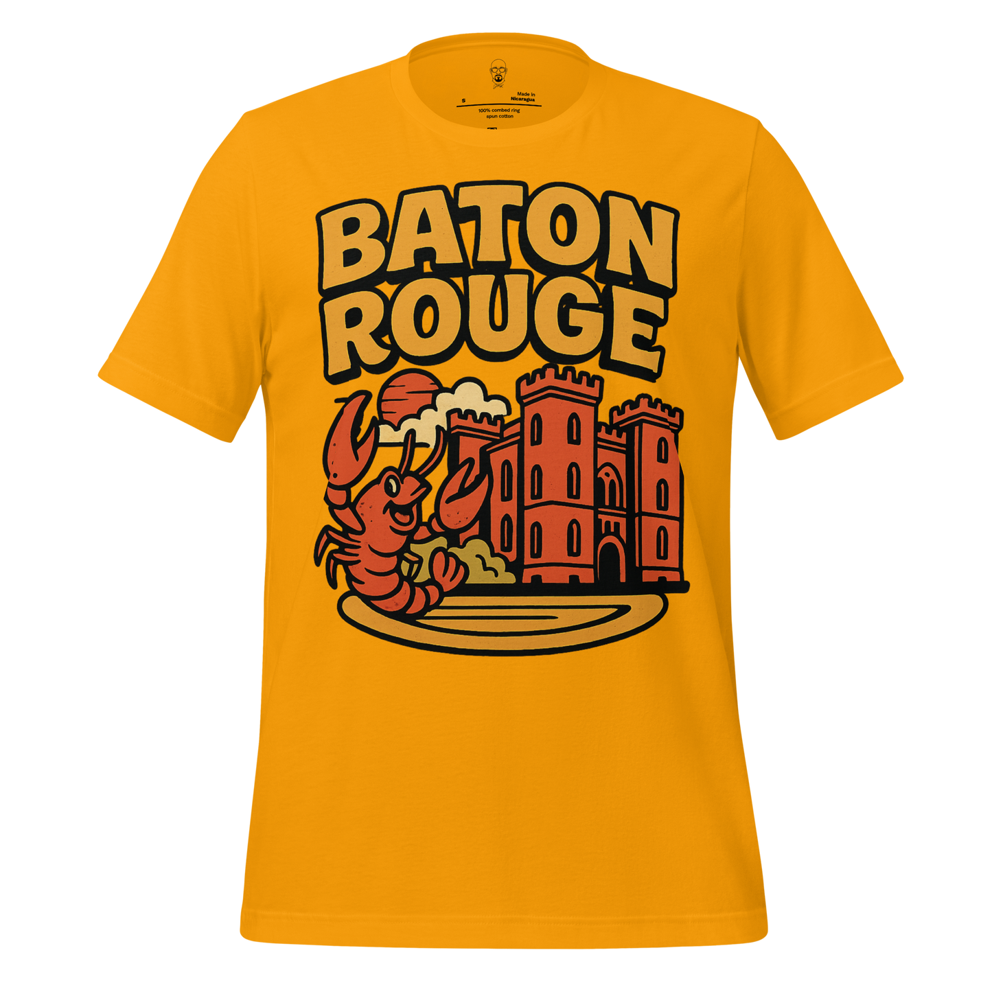 JMK Drip yellow Baton Rouge graphic tee with cartoon crawfish and castle design