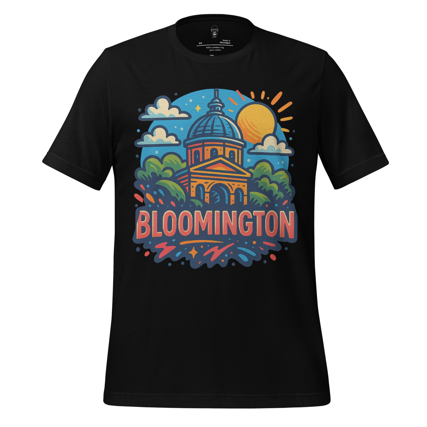Black Bloomington Graphic T-Shirt by JMK Drip featuring colorful city building and sun design