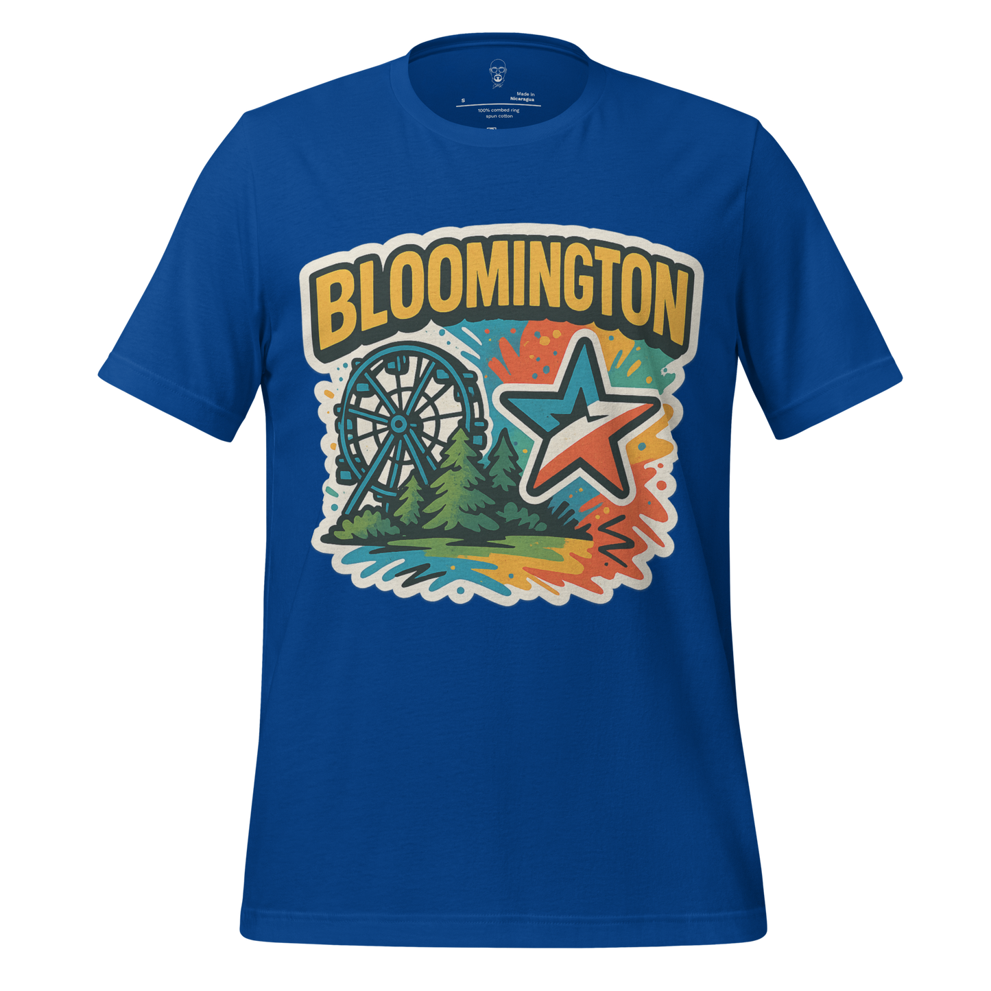 JMK Drip blue Bloomington graphic t-shirt with Ferris wheel, star, and tree design