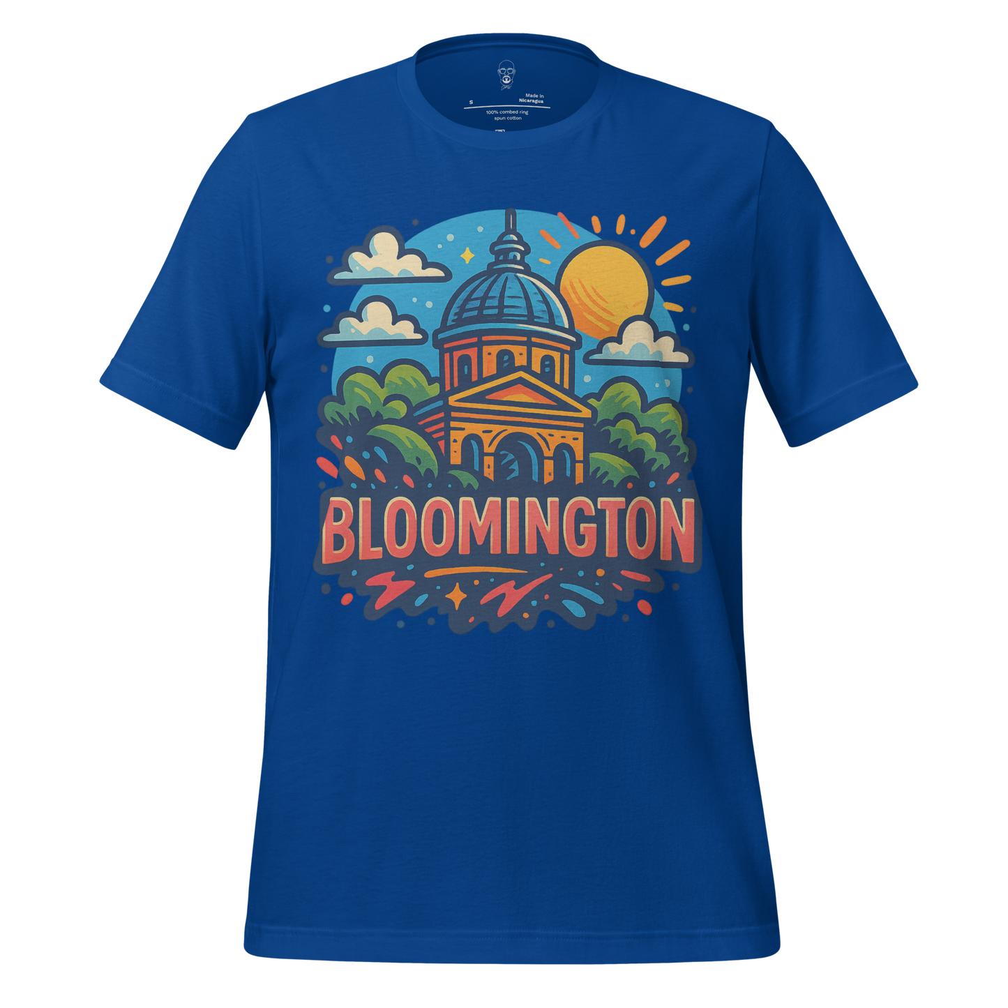 JMK Drip Bloomington Graphic T-Shirt in blue with colorful cityscape and sun design