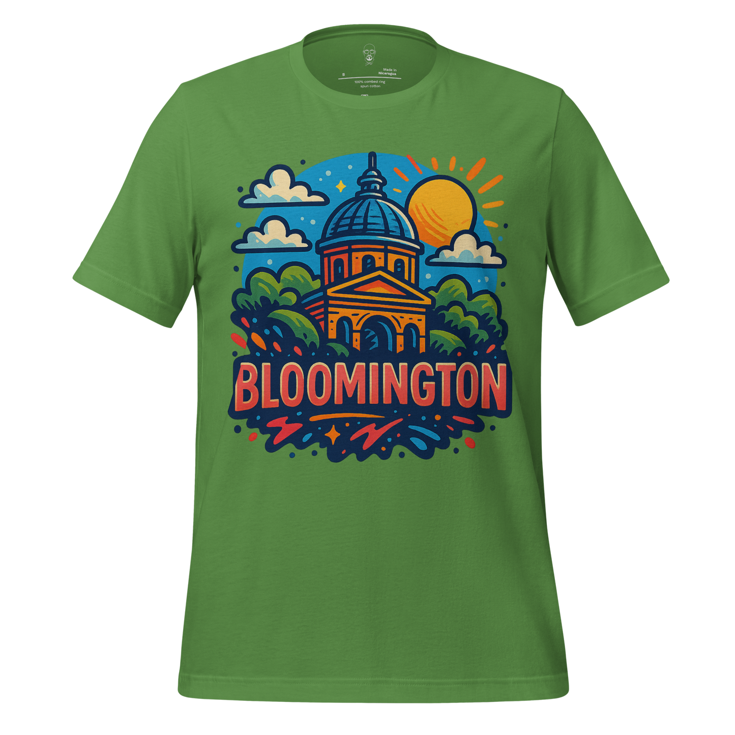 Green Bloomington Graphic T-Shirt by JMK Drip featuring colorful city dome and sun design
