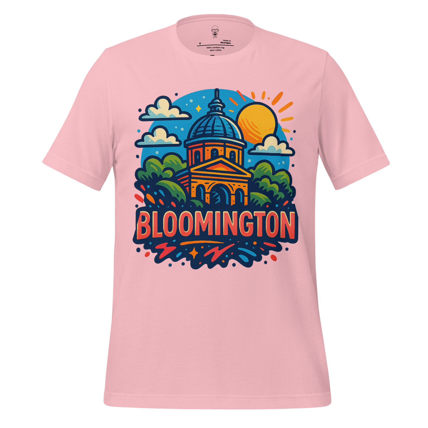 Pink Bloomington Graphic T-Shirt featuring colorful illustration of a building with sun and clouds