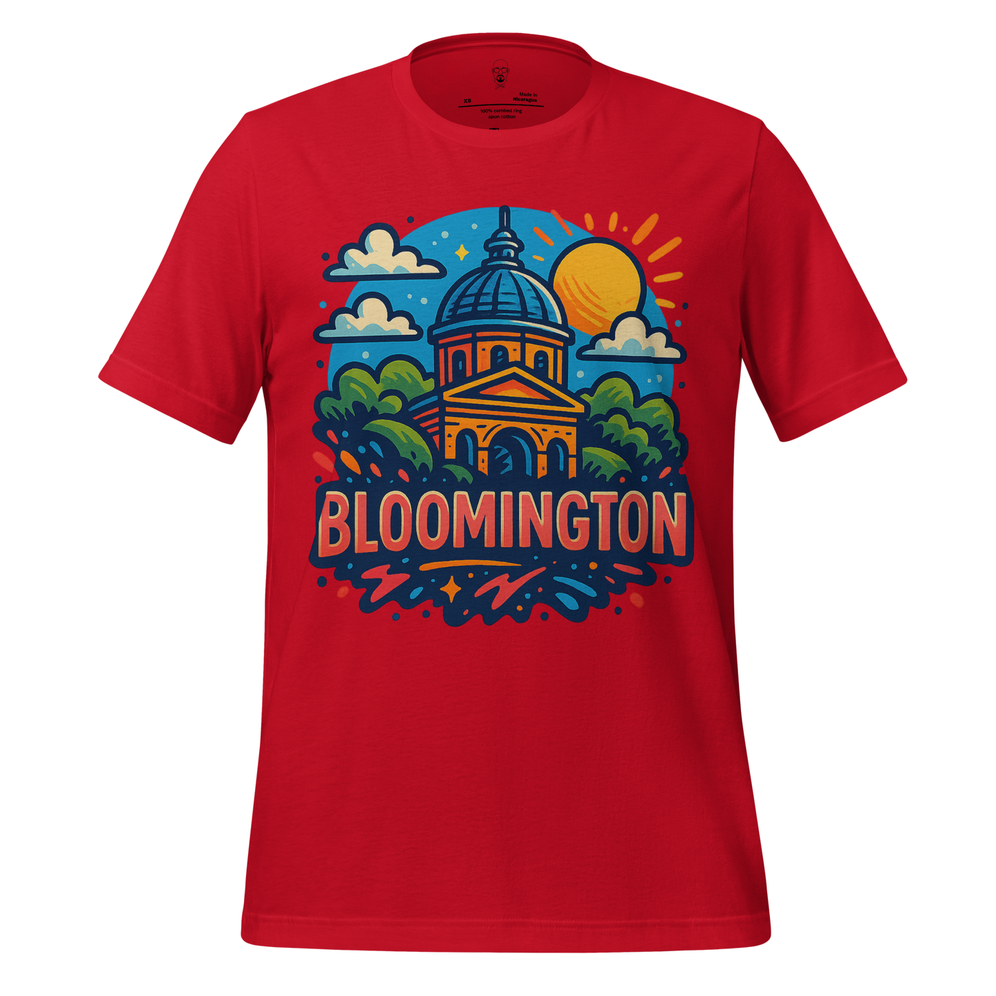 Red JMK Drip Bloomington Graphic T-Shirt featuring colorful building and sun design