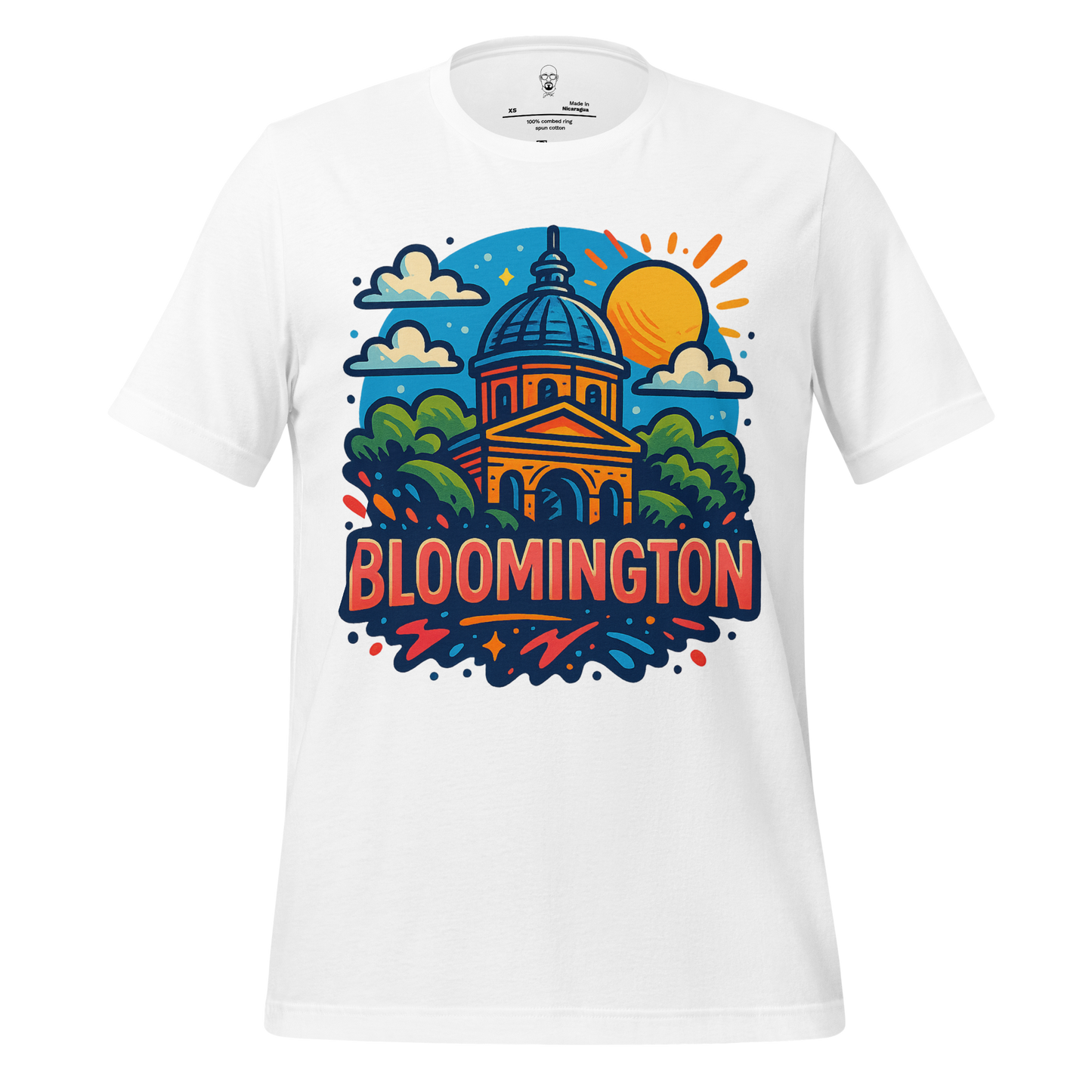 White Bloomington Graphic T-Shirt by JMK Drip featuring colorful city building design with sun and clouds