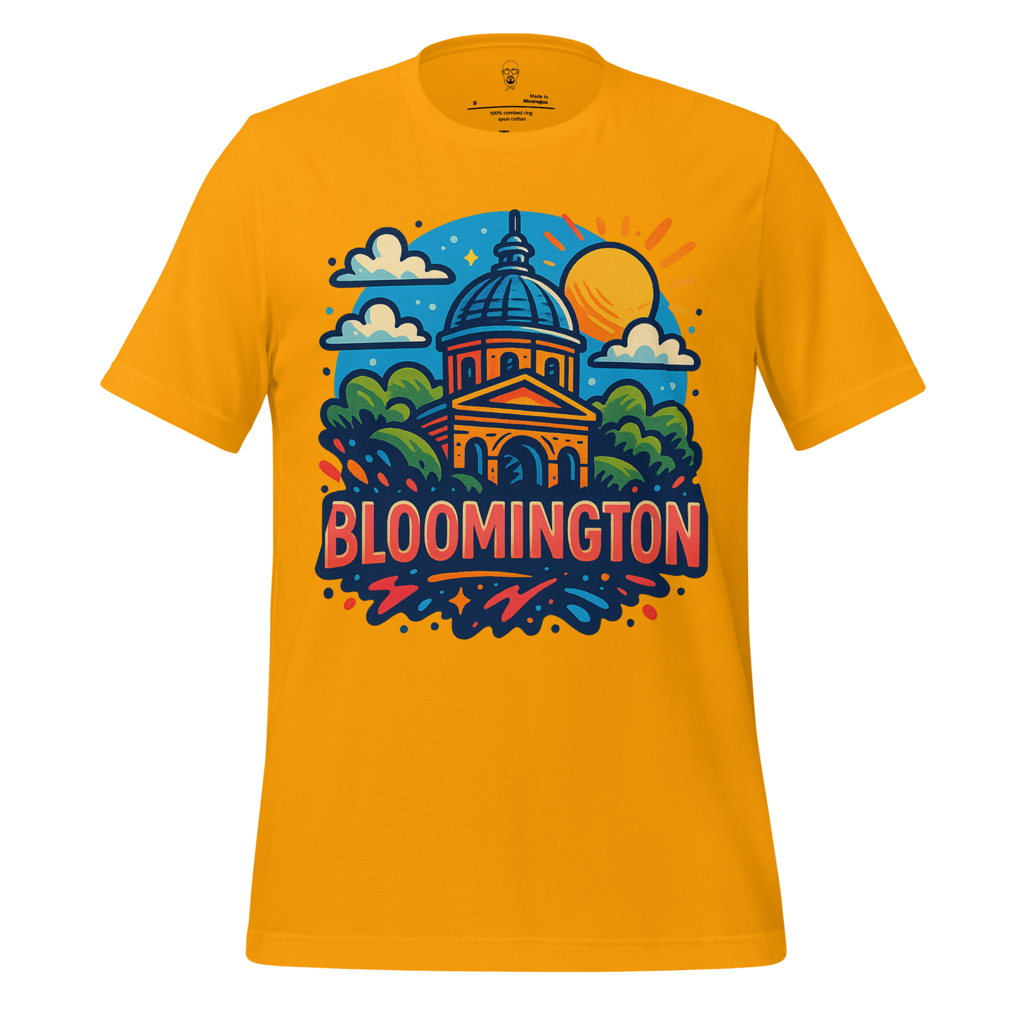 JMK Drip Bloomington Graphic T-Shirt in yellow with colorful cityscape and sun design