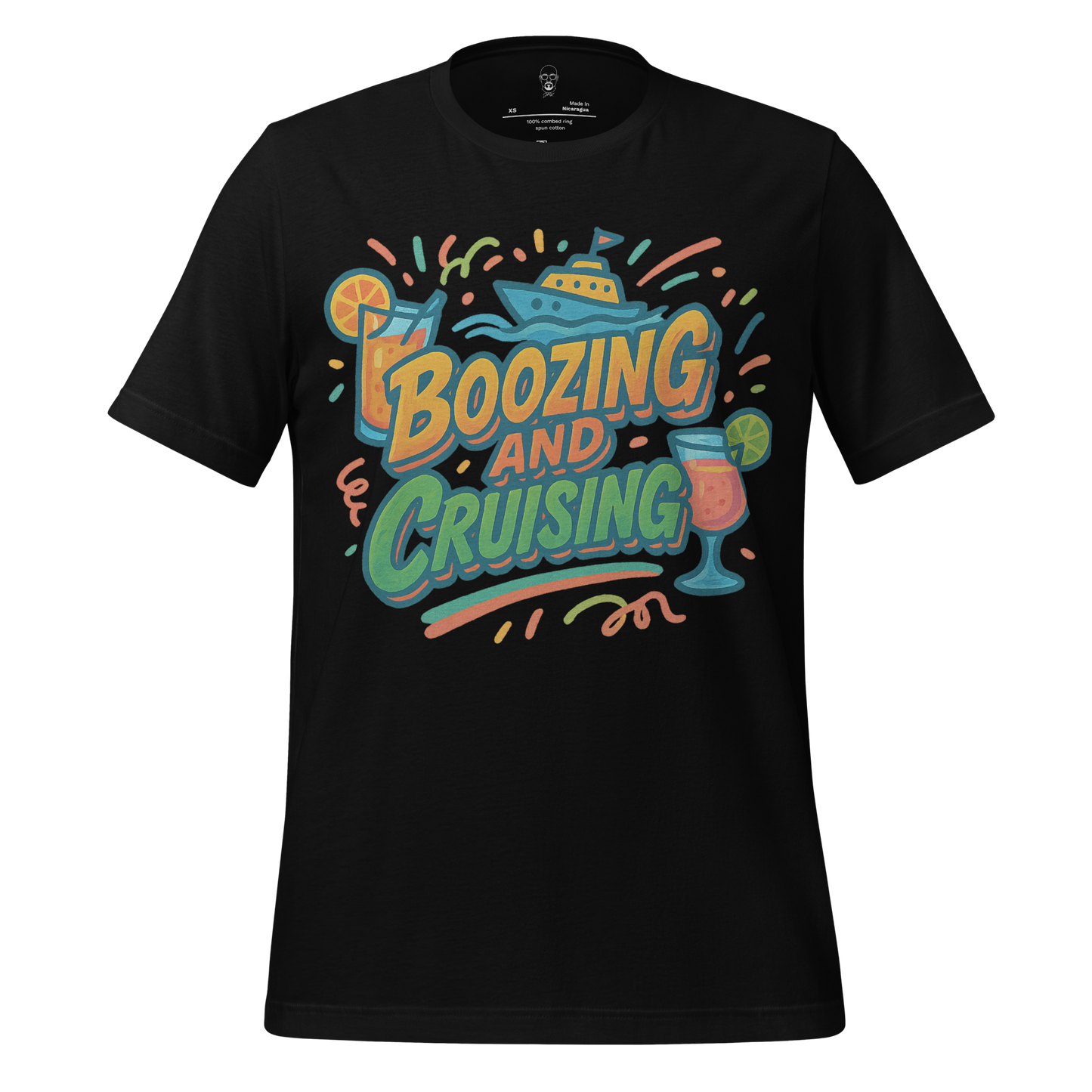 Black JMK Drip boozing and cruising shirt with colorful boat and cocktail graphic design
