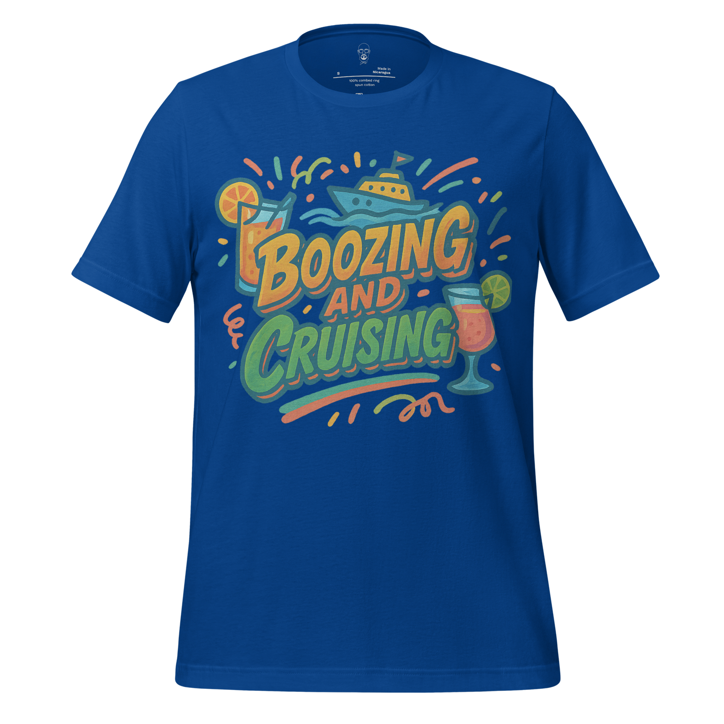 Blue boozing and cruising shirt with colorful boat and cocktail drink graphics by JMK Drip